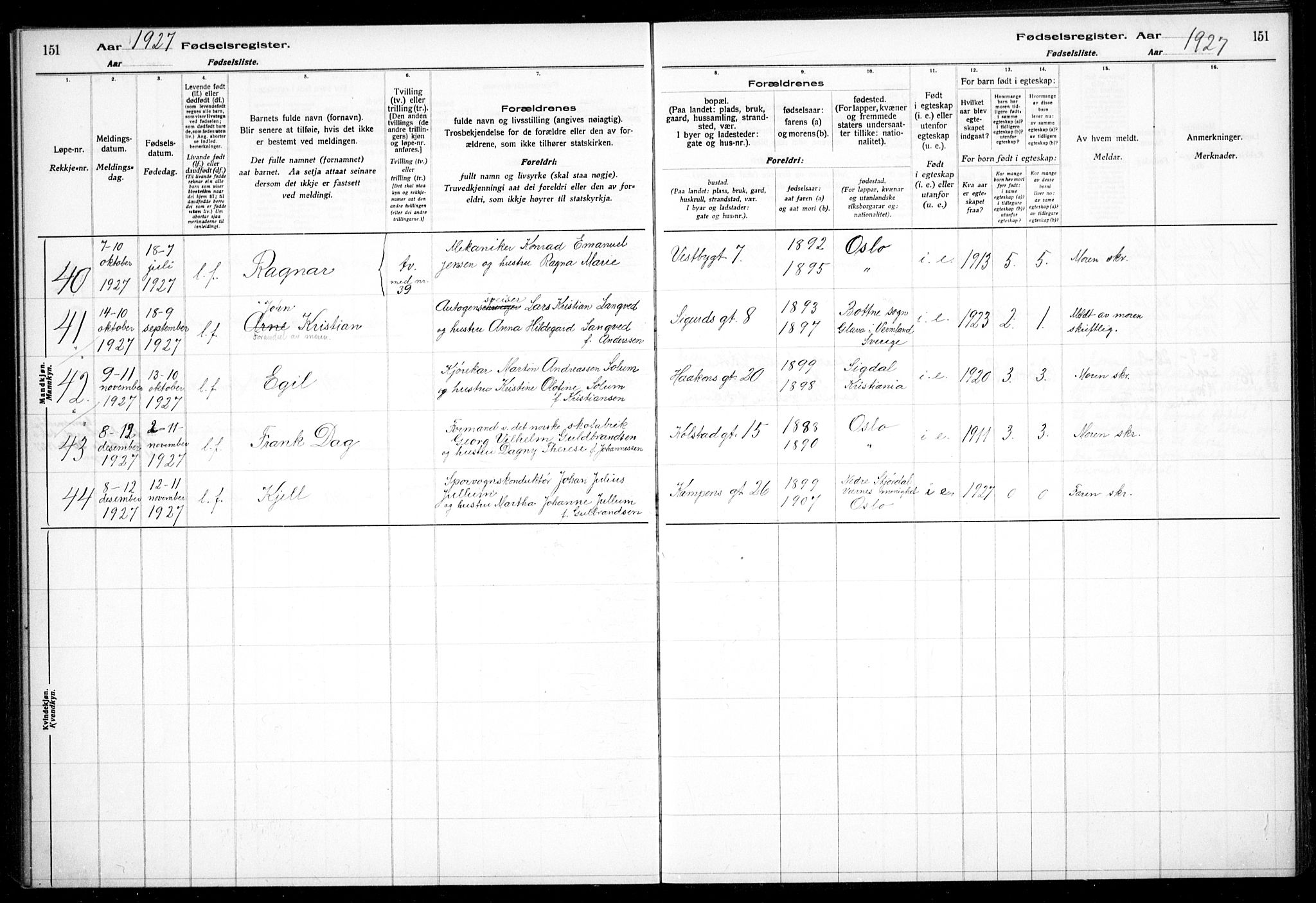 Kampen prestekontor Kirkebøker, AV/SAO-A-10853/J/Ja/L0002: Fødselsregister nr. 2, 1920-1935, s. 151