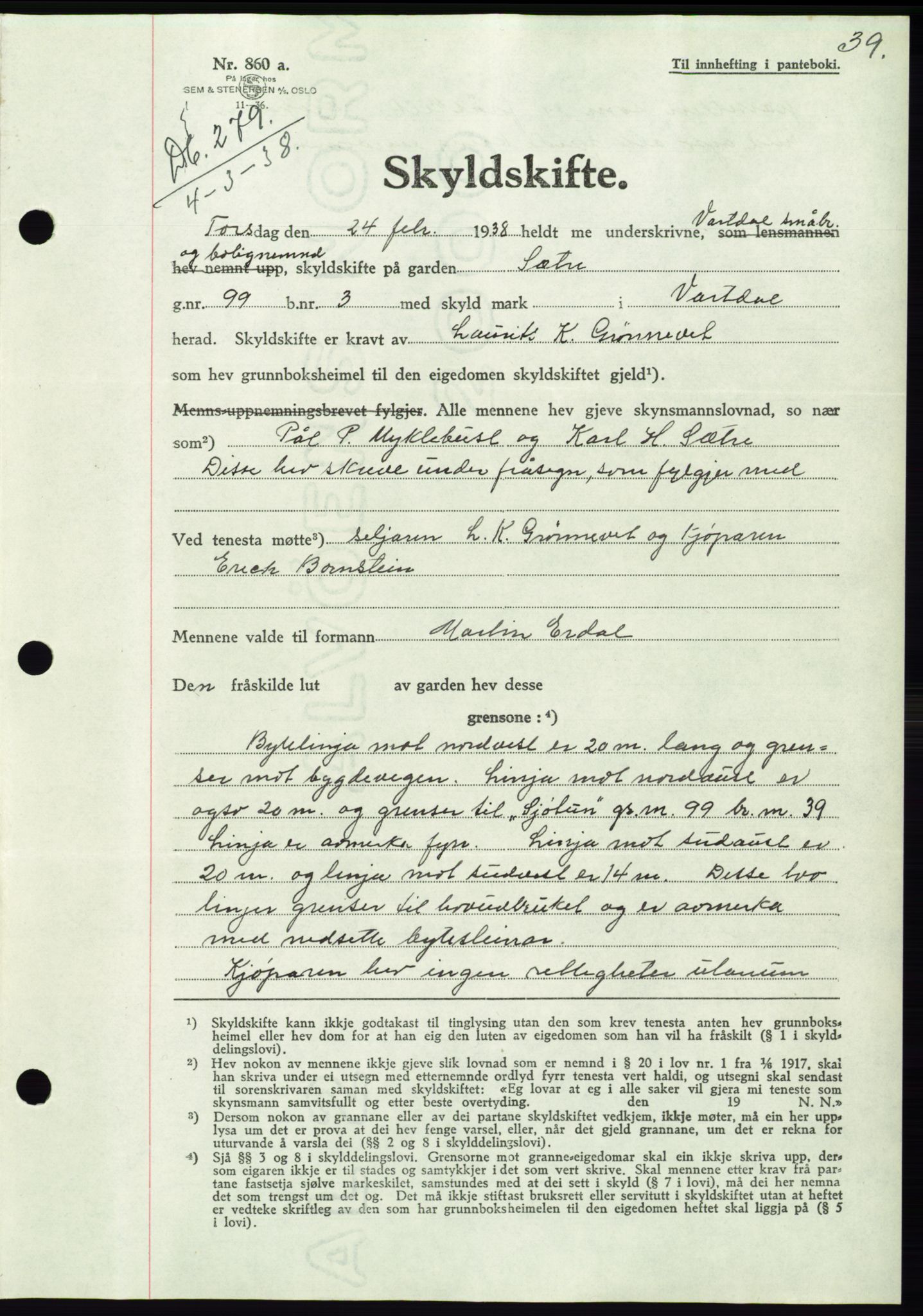 Søre Sunnmøre sorenskriveri, AV/SAT-A-4122/1/2/2C/L0065: Pantebok nr. 59, 1938-1938, Dagboknr: 279/1938