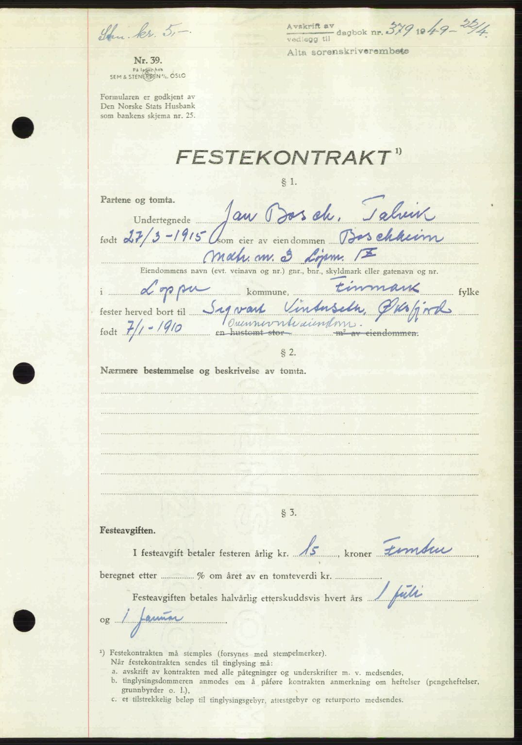 Alta fogderi/sorenskriveri, SATØ/SATØ-5/1/K/Kd/L0037pantebok: Pantebok nr. 39-40, 1948-1949, Dagboknr: 379/1949