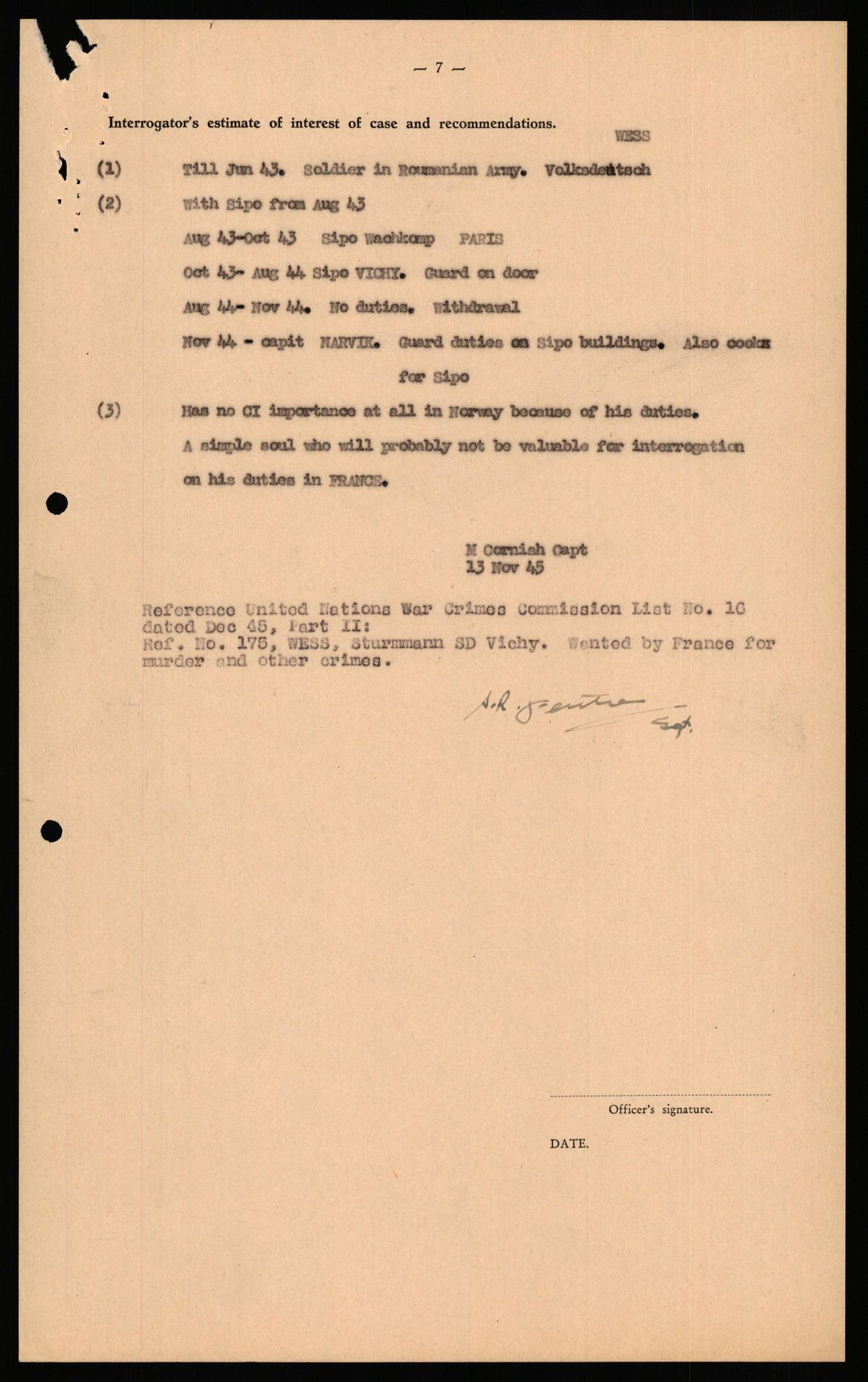 Forsvaret, Forsvarets overkommando II, RA/RAFA-3915/D/Db/L0035: CI Questionaires. Tyske okkupasjonsstyrker i Norge. Tyskere., 1945-1946, s. 432