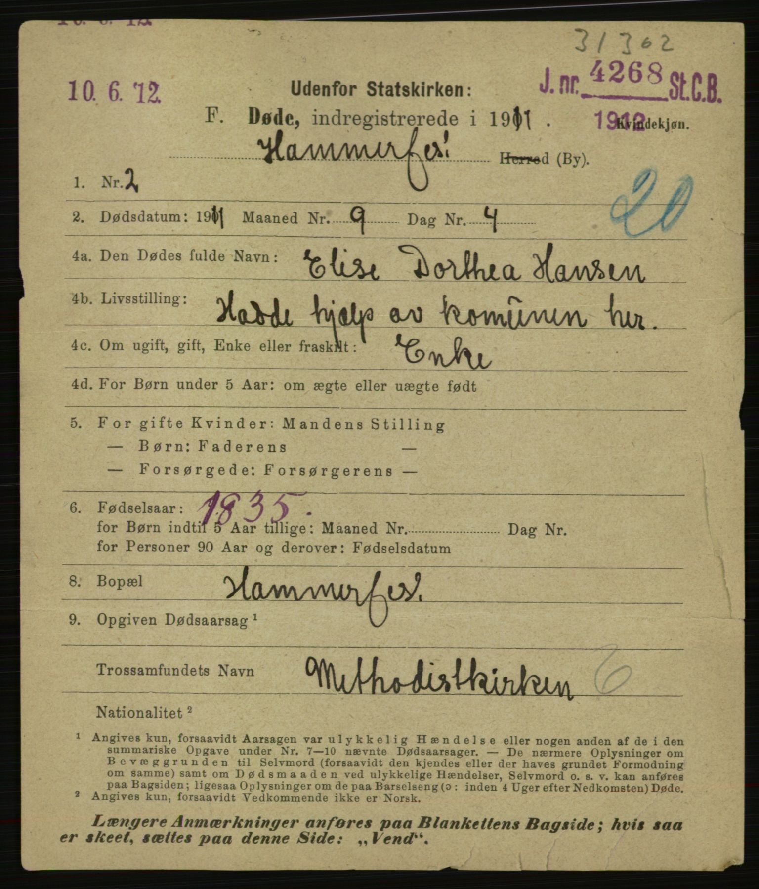 Statistisk sentralbyrå, Sosiodemografiske emner, Befolkning, AV/RA-S-2228/E/L0009: Fødte, gifte, døde dissentere., 1911, s. 3101