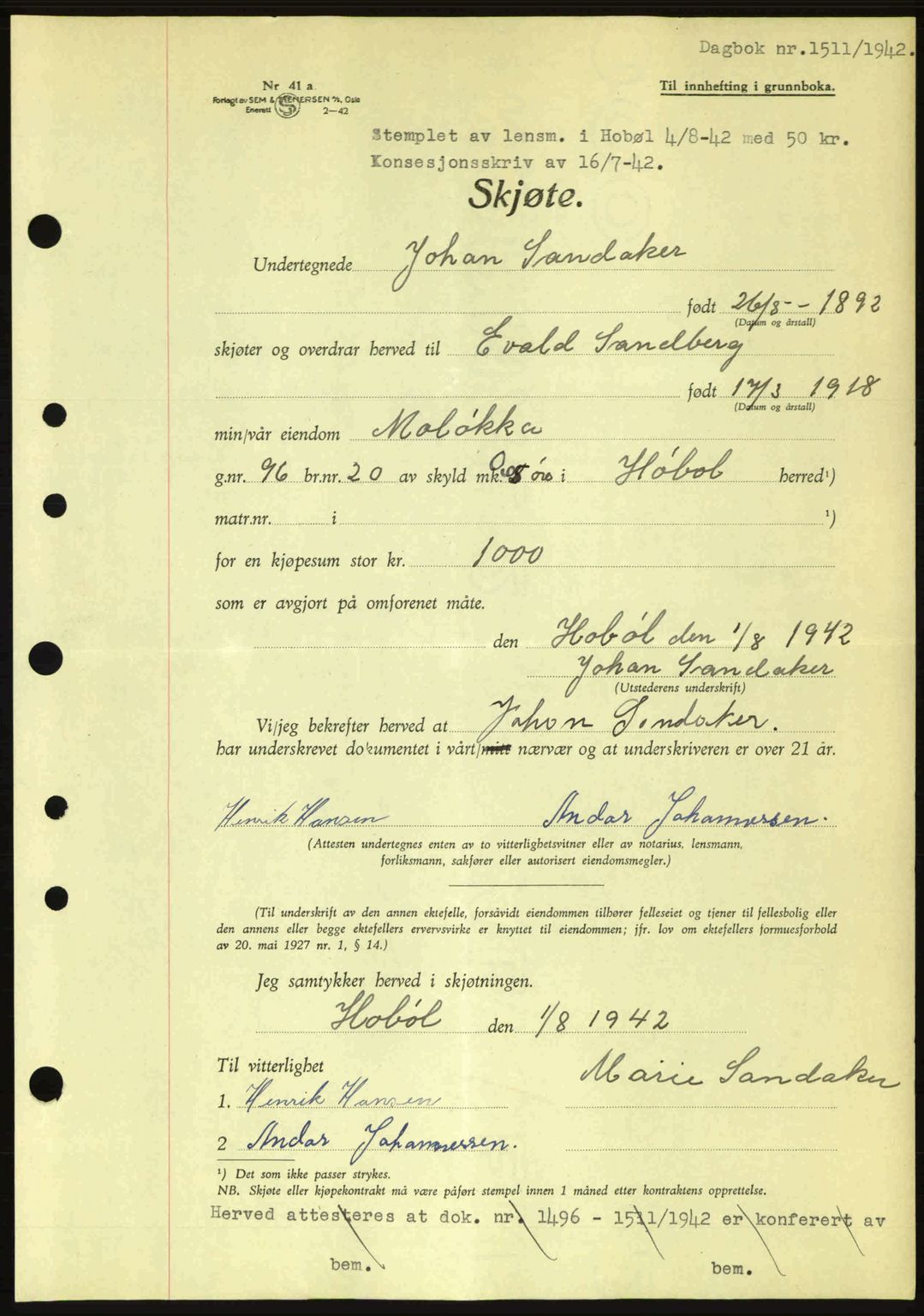 Moss sorenskriveri, SAO/A-10168: Pantebok nr. A10, 1942-1943, Dagboknr: 1511/1942