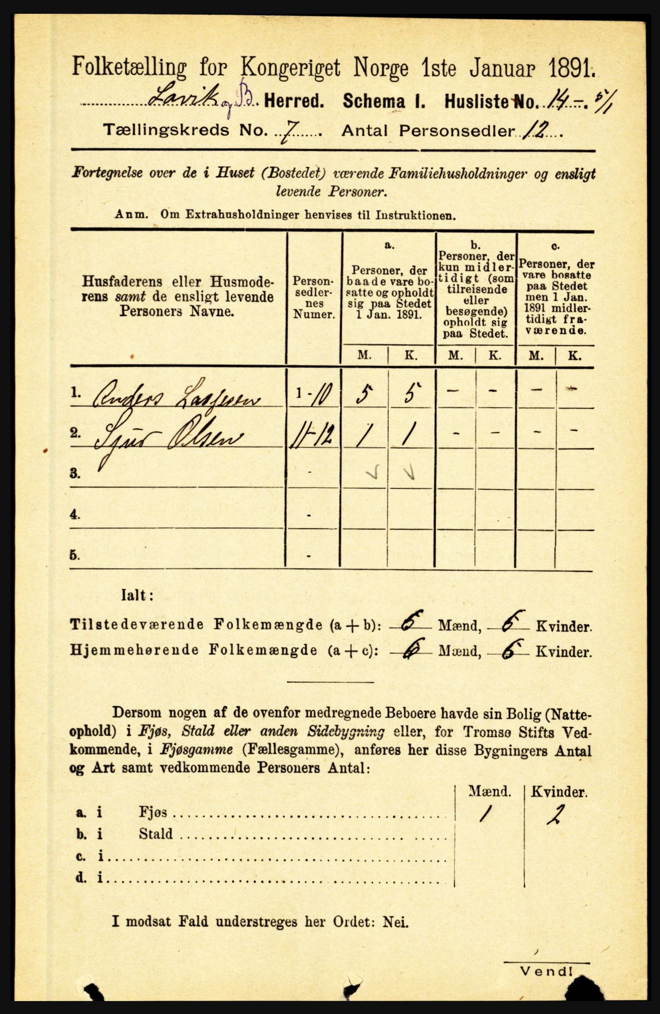 RA, Folketelling 1891 for 1415 Lavik og Brekke herred, 1891, s. 1335