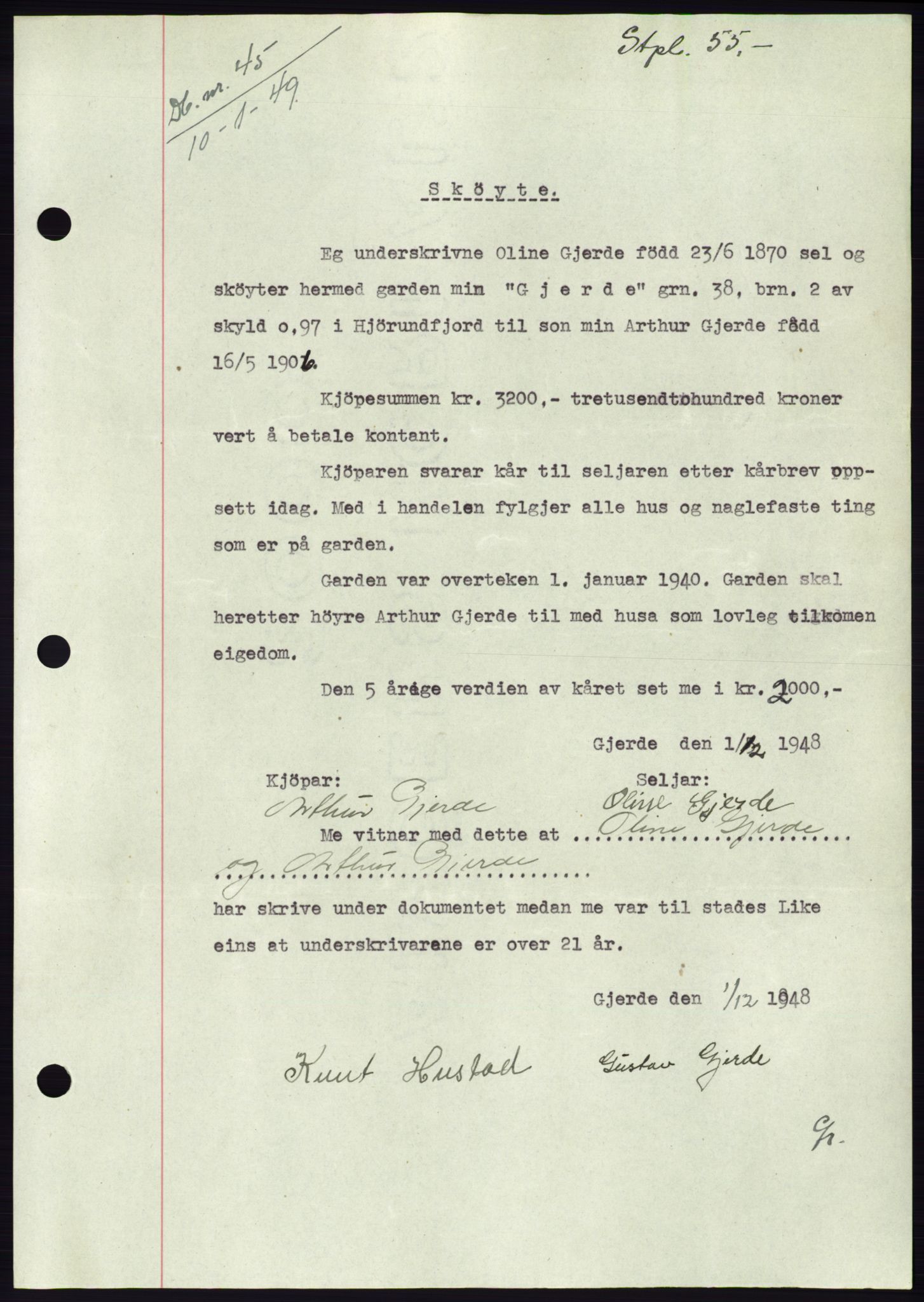 Søre Sunnmøre sorenskriveri, AV/SAT-A-4122/1/2/2C/L0083: Pantebok nr. 9A, 1948-1949, Dagboknr: 45/1949