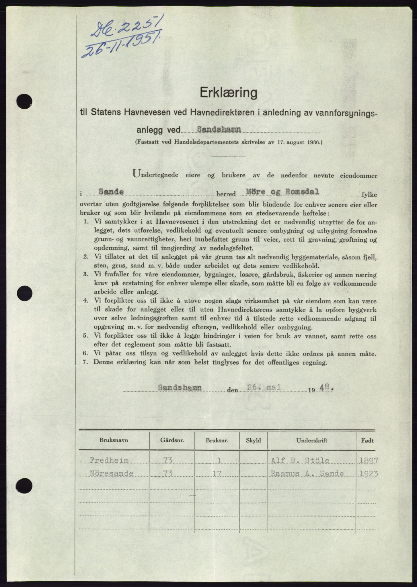 Søre Sunnmøre sorenskriveri, AV/SAT-A-4122/1/2/2C/L0090: Pantebok nr. 16A, 1951-1951, Dagboknr: 2251/1951