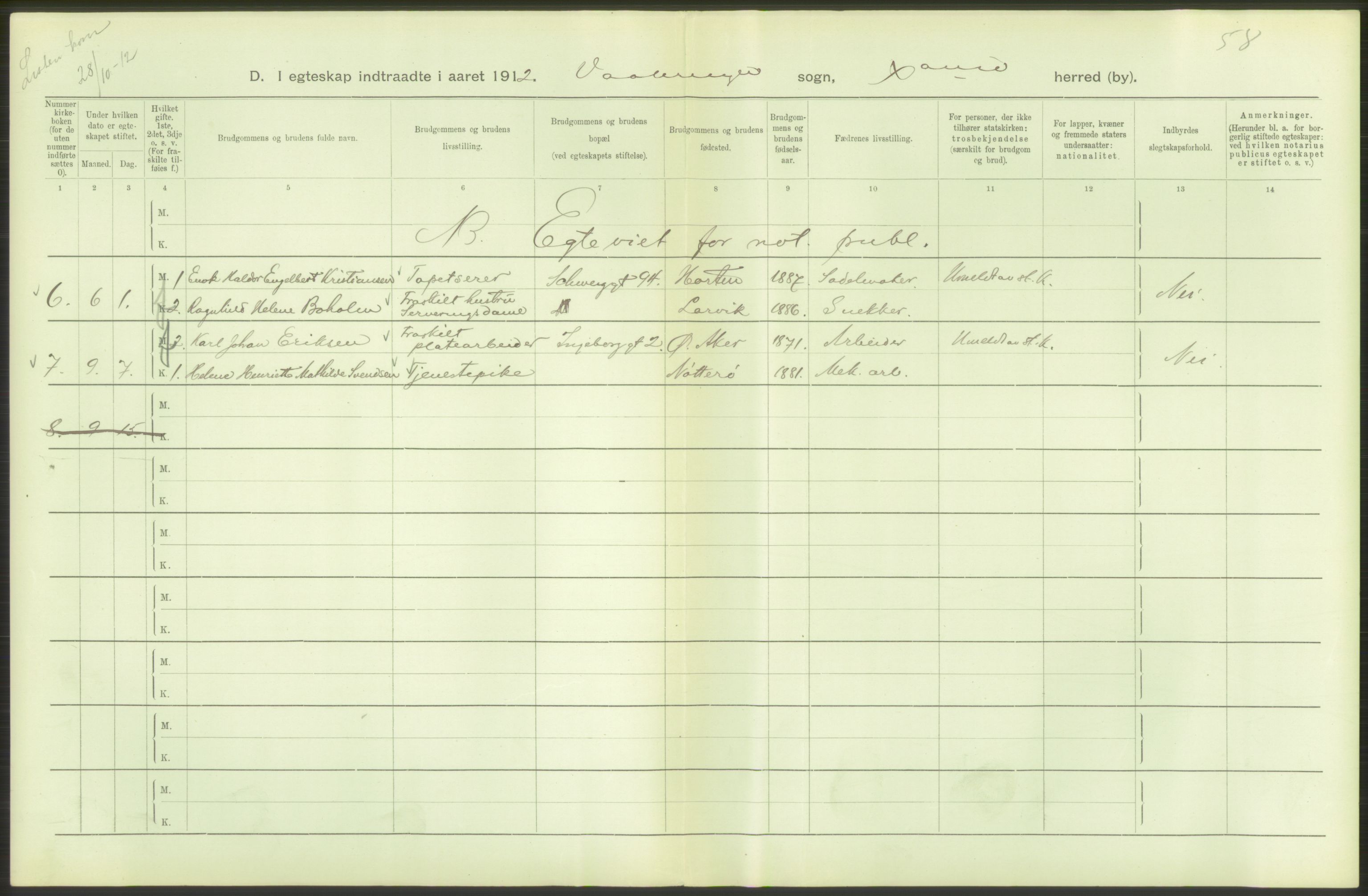 Statistisk sentralbyrå, Sosiodemografiske emner, Befolkning, AV/RA-S-2228/D/Df/Dfb/Dfbb/L0008: Kristiania: Gifte, 1912, s. 108