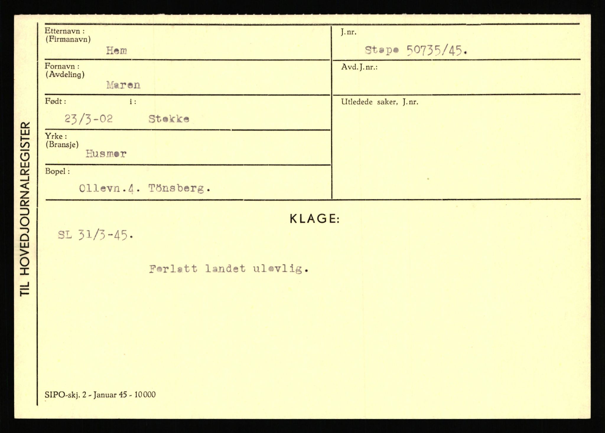 Statspolitiet - Hovedkontoret / Osloavdelingen, AV/RA-S-1329/C/Ca/L0006: Hanche - Hokstvedt, 1943-1945, s. 3546