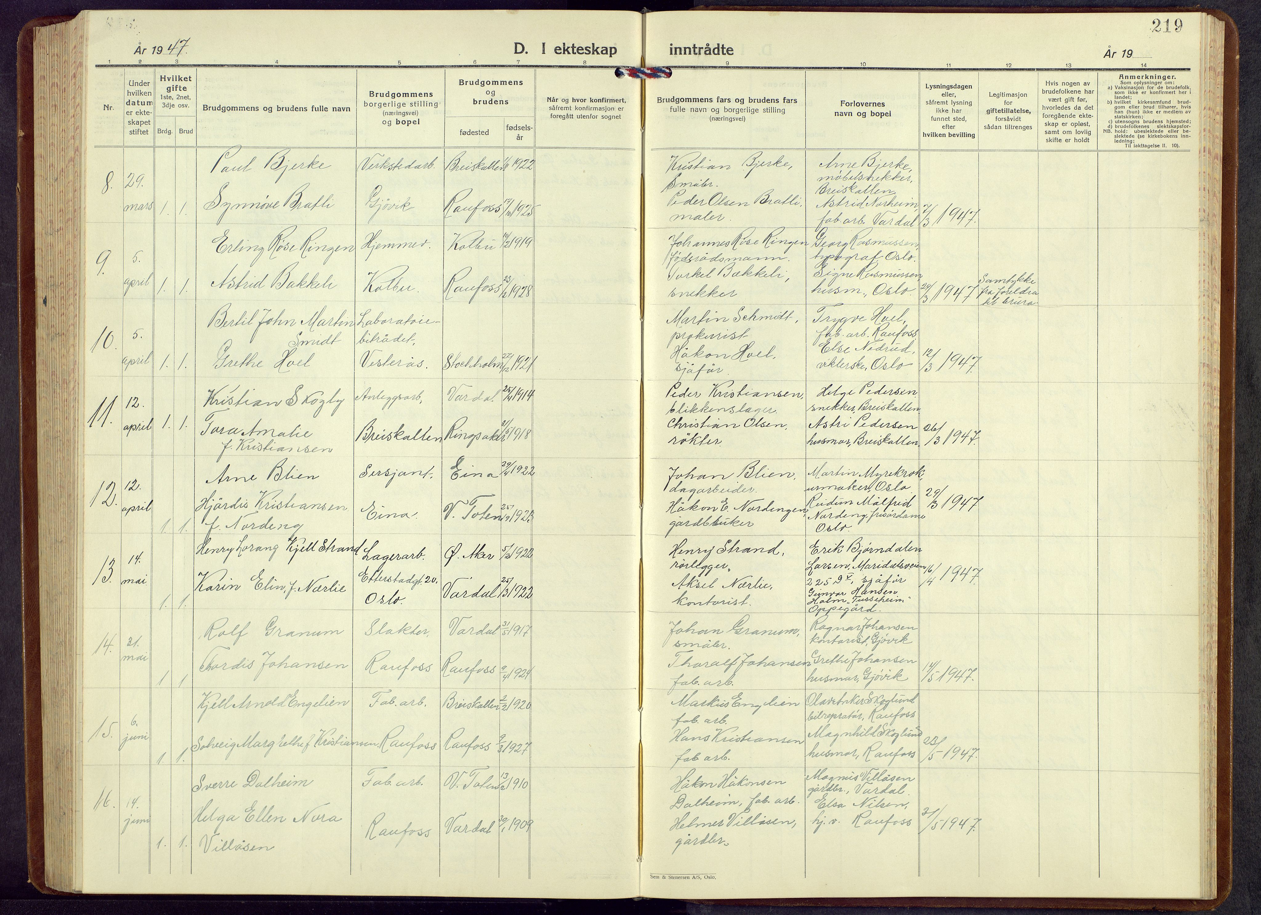 Vestre Toten prestekontor, AV/SAH-PREST-108/H/Ha/Hab/L0013: Klokkerbok nr. 13, 1940-1956, s. 219