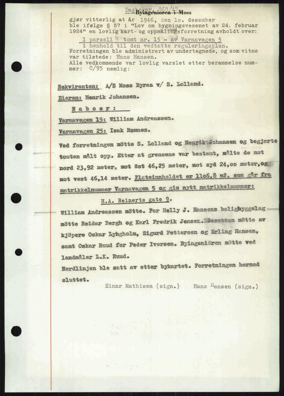 Moss sorenskriveri, SAO/A-10168: Pantebok nr. A17, 1947-1947, Dagboknr: 968/1947