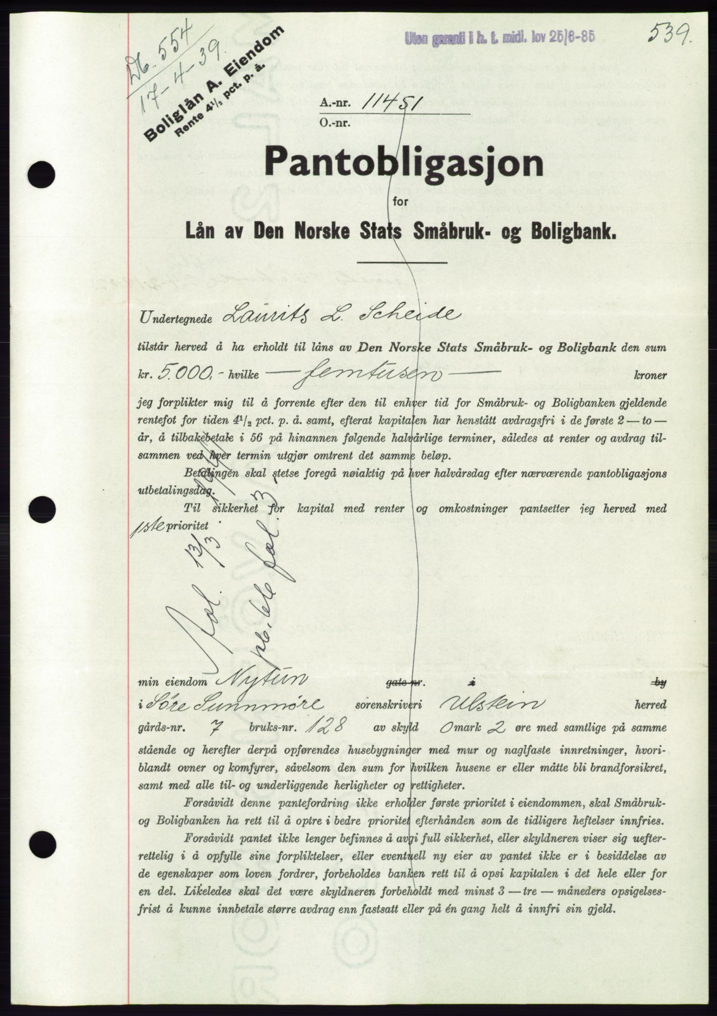 Søre Sunnmøre sorenskriveri, AV/SAT-A-4122/1/2/2C/L0067: Pantebok nr. 61, 1938-1939, Dagboknr: 554/1939