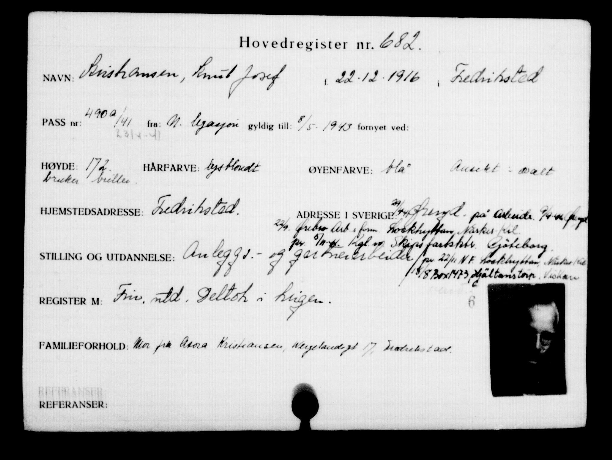 Utenriksstasjonene, Legasjonen i Stockholm, Flyktningkontoret, AV/RA-S-6753/V/Va/L0001: Kjesäterkartoteket, flyktninger med registreringsnr. 1-1000, 1940-1945, s. 1070