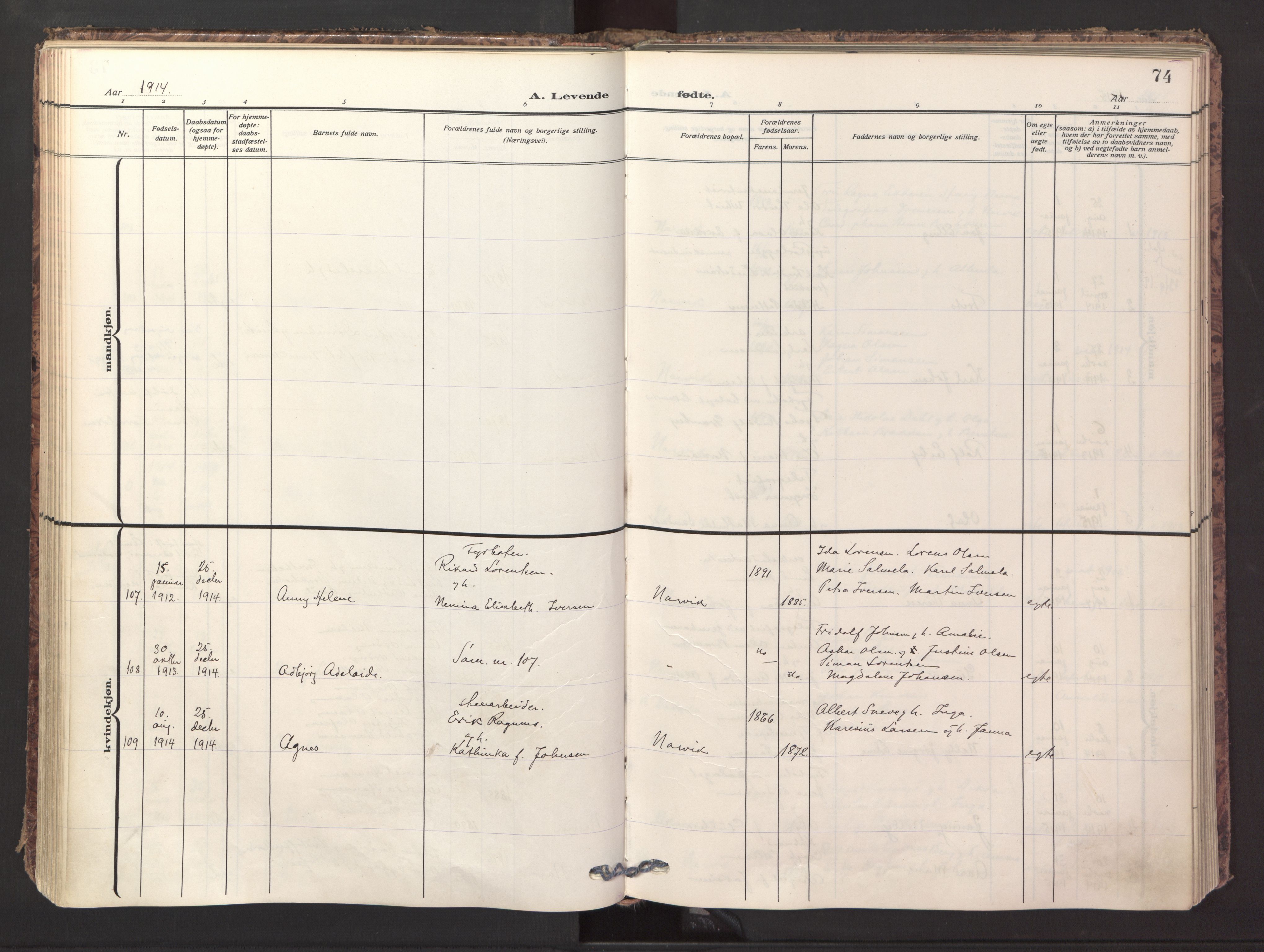 Ministerialprotokoller, klokkerbøker og fødselsregistre - Nordland, AV/SAT-A-1459/871/L1001: Ministerialbok nr. 871A17, 1911-1921, s. 74