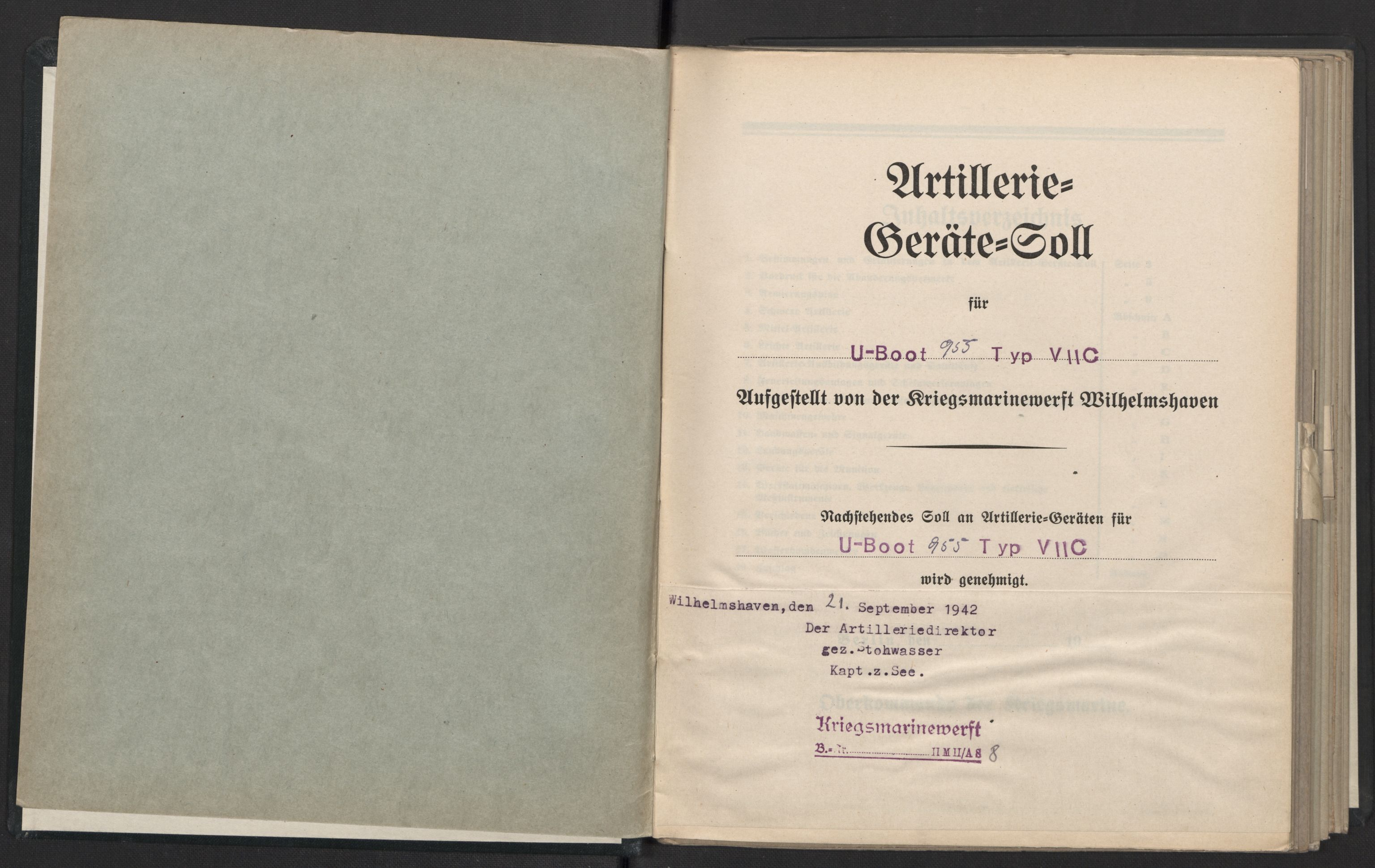 Kriegsmarine Norwegen, Unterseeboote, RA/RAFA-5082/F/L0008/0004: -- / Artillerie-Geräte-Soll, Abschrift, für U-Boote, 955 Typ VIIC, 1940-1945