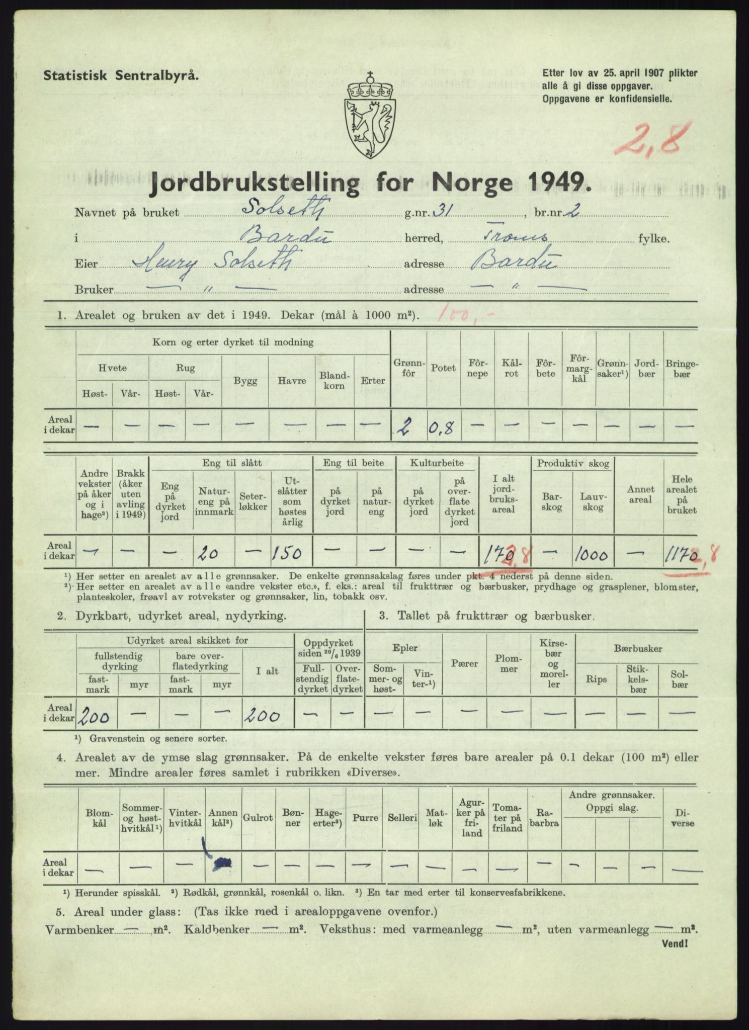 Statistisk sentralbyrå, Næringsøkonomiske emner, Jordbruk, skogbruk, jakt, fiske og fangst, AV/RA-S-2234/G/Gc/L0438: Troms: Salangen og Bardu, 1949, s. 1546