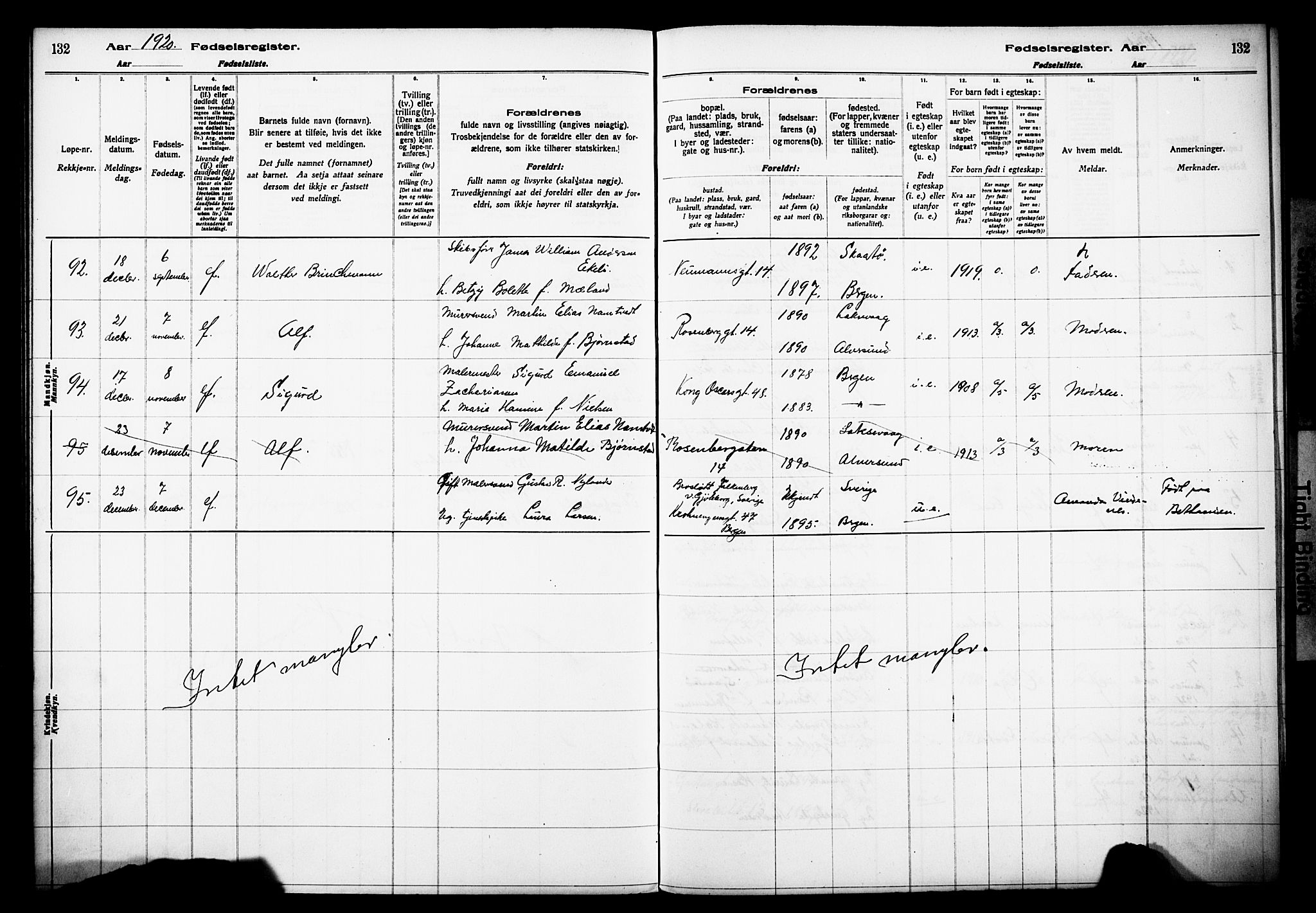 Domkirken sokneprestembete, SAB/A-74801/I/Id/L00A1: Fødselsregister nr. A 1, 1916-1923, s. 132