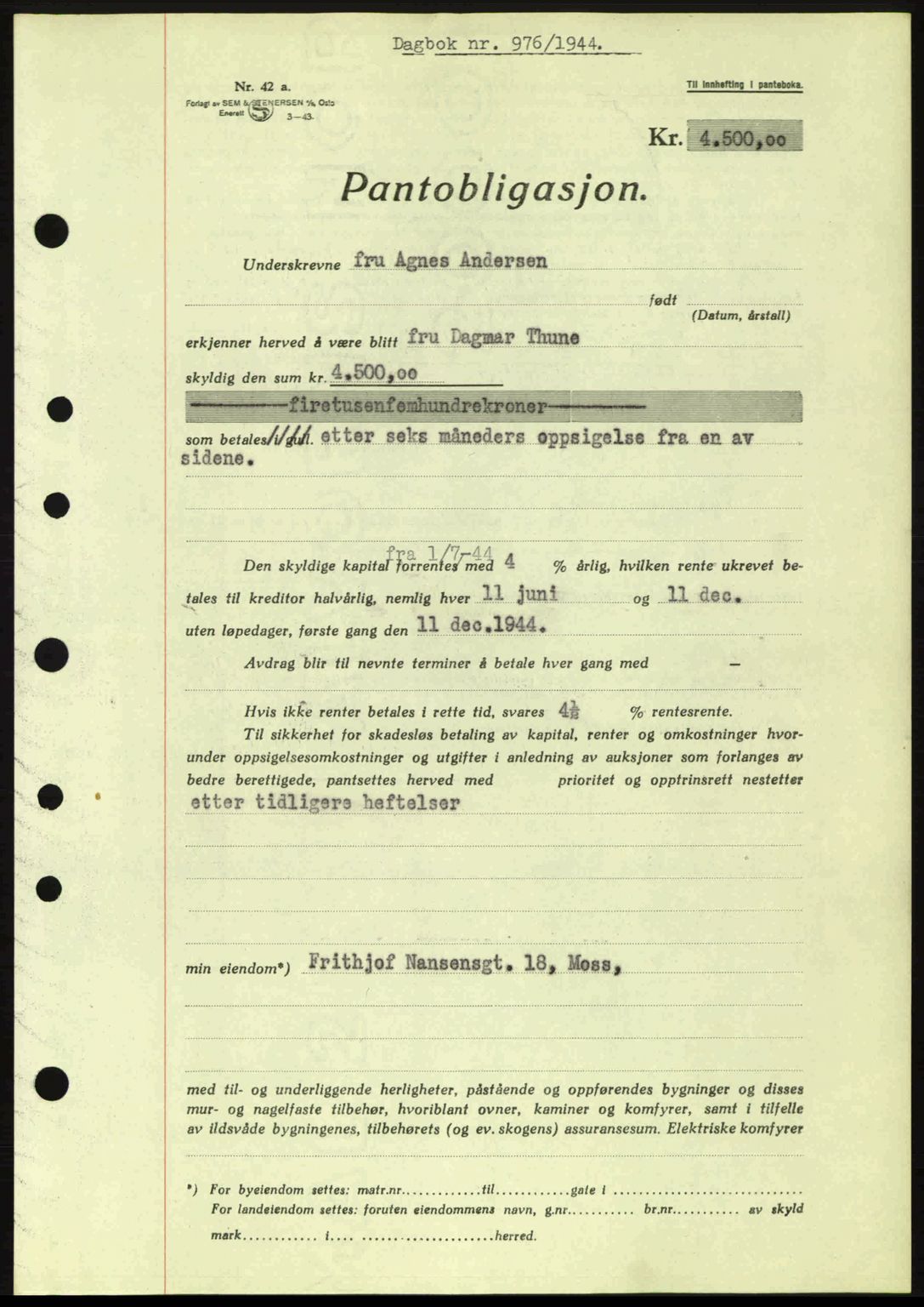 Moss sorenskriveri, SAO/A-10168: Pantebok nr. B13, 1943-1945, Dagboknr: 976/1944