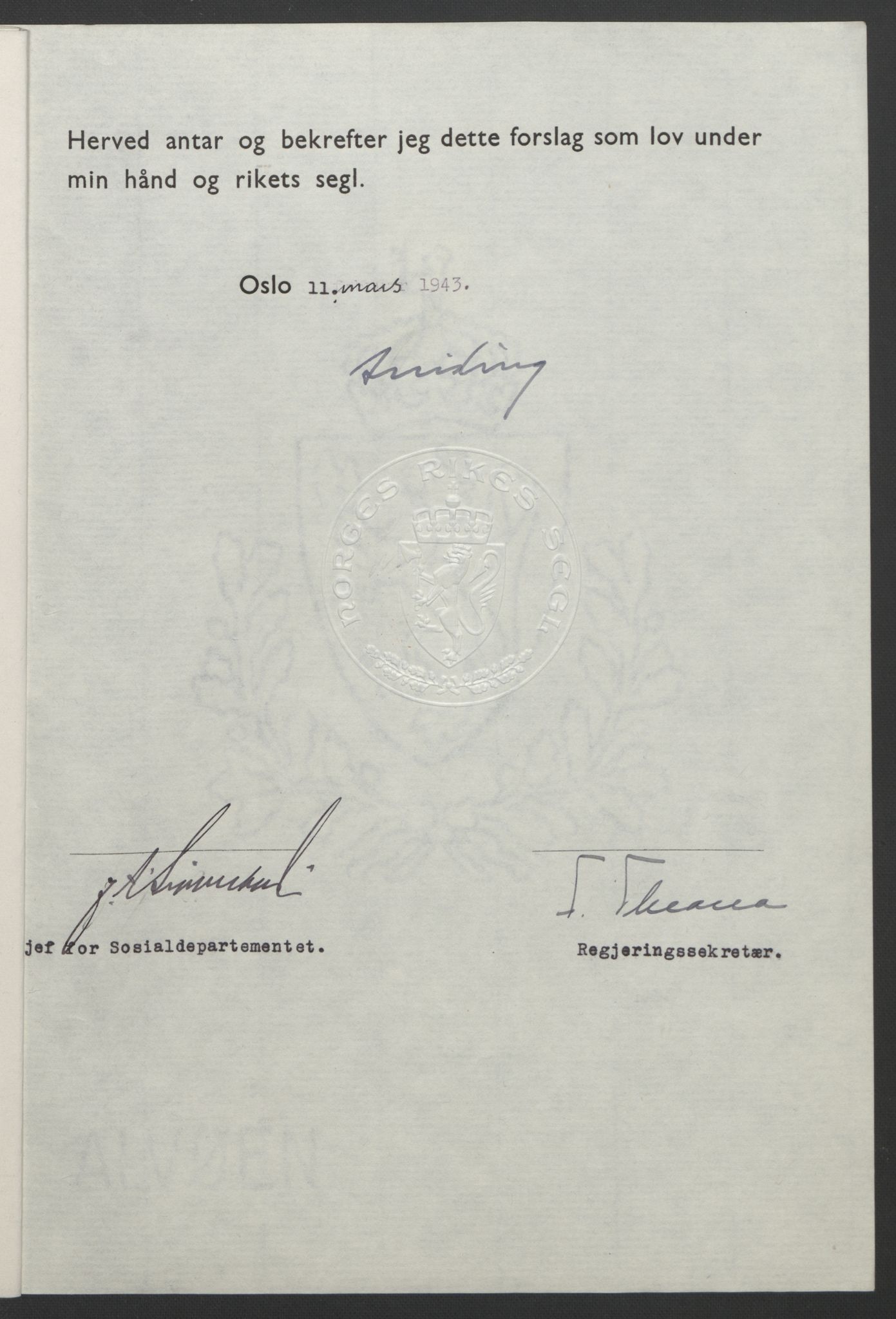 NS-administrasjonen 1940-1945 (Statsrådsekretariatet, de kommisariske statsråder mm), RA/S-4279/D/Db/L0099: Lover, 1943, s. 214