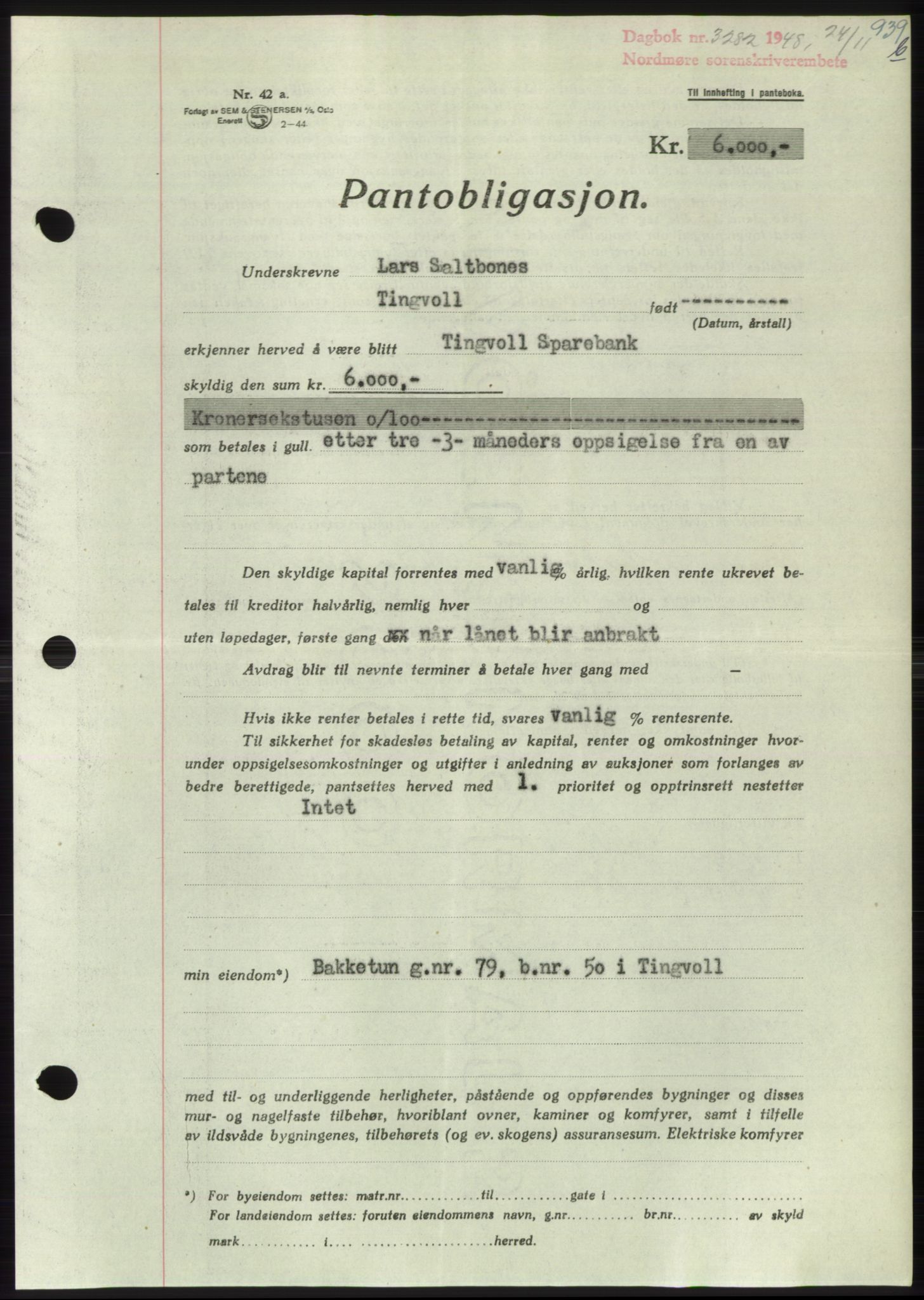 Nordmøre sorenskriveri, SAT/A-4132/1/2/2Ca: Pantebok nr. B100, 1948-1949, Dagboknr: 3282/1948