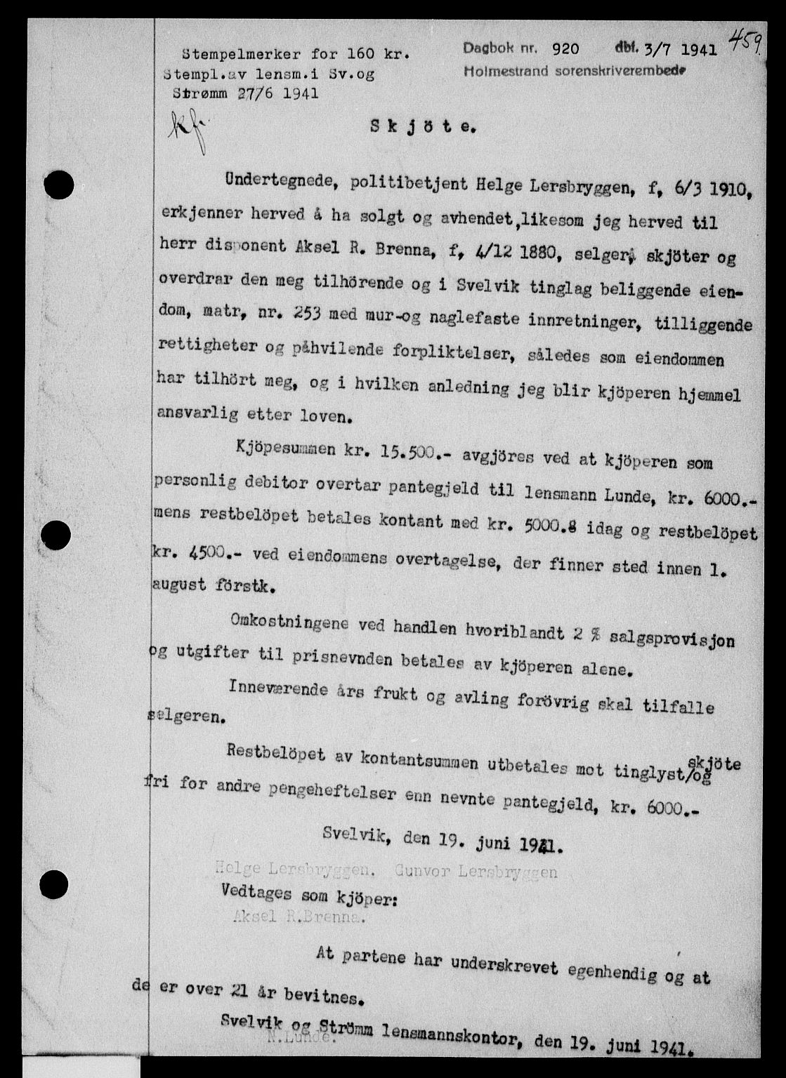 Holmestrand sorenskriveri, SAKO/A-67/G/Ga/Gaa/L0053: Pantebok nr. A-53, 1941-1941, Dagboknr: 920/1941