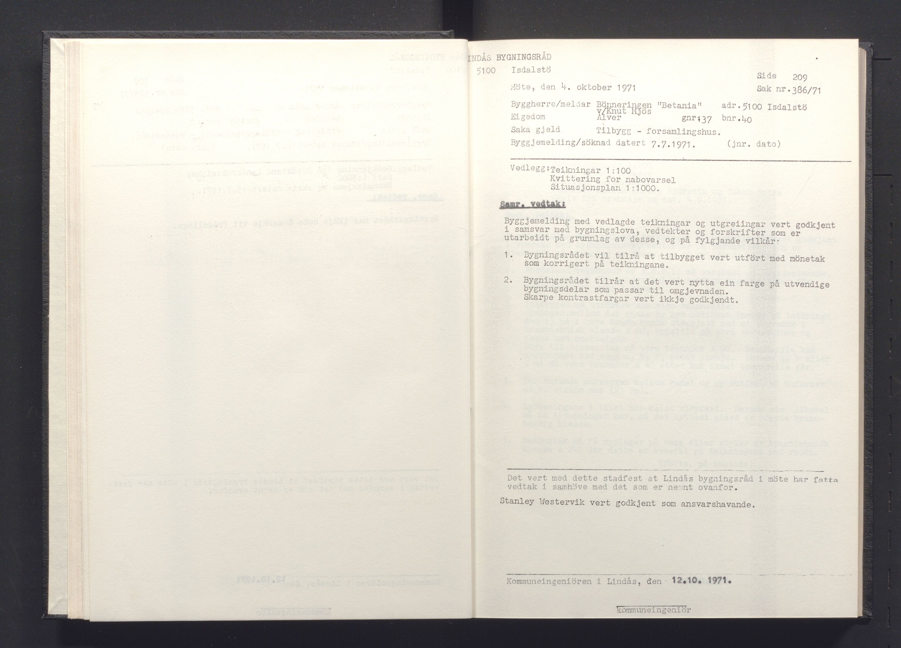 Lindås kommune. Bygningsrådet, IKAH/1263-511/A/Aa/L0008: Møtebok for Lindås bygningsråd, 1971