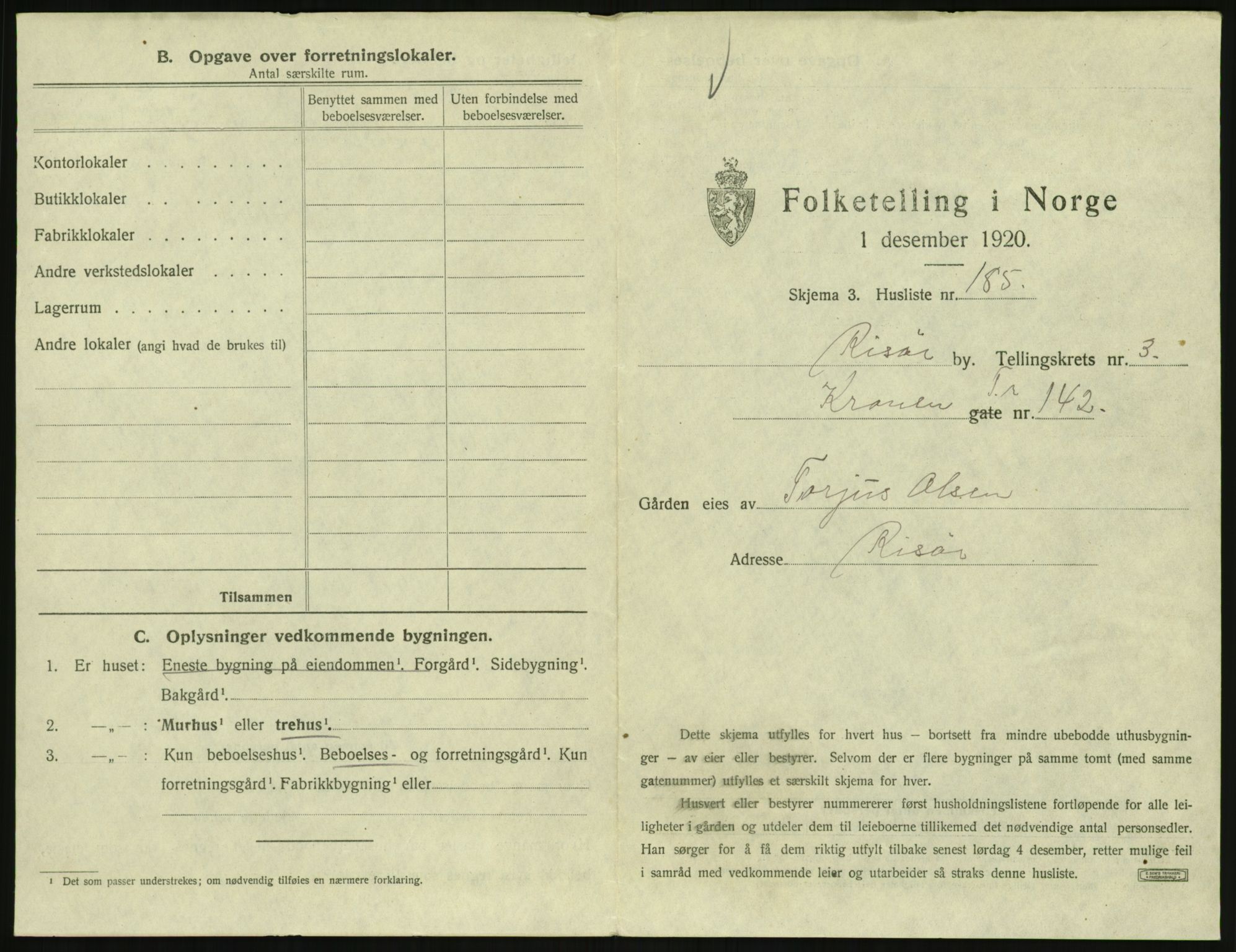 SAK, Folketelling 1920 for 0901 Risør kjøpstad, 1920, s. 1313