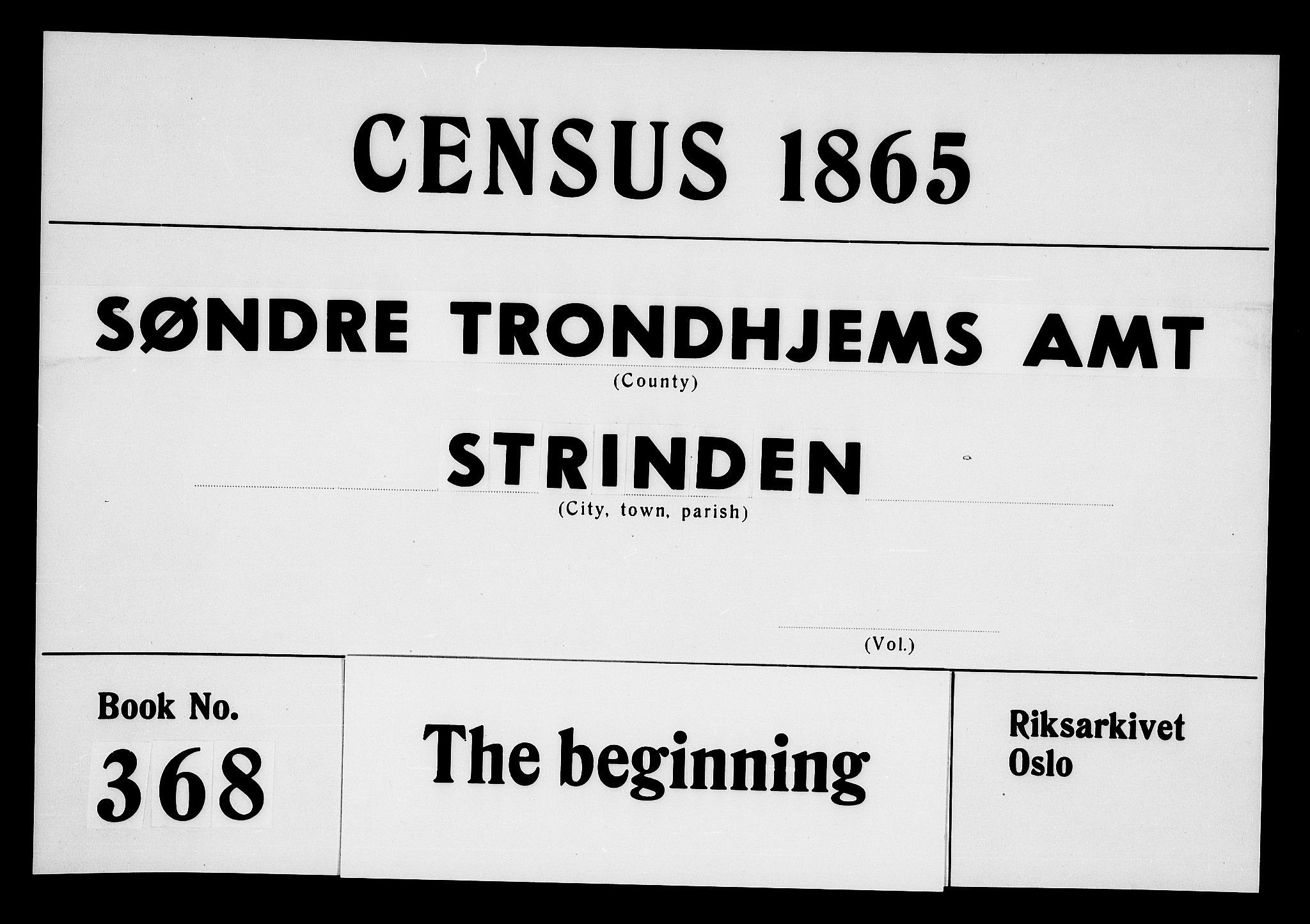 RA, Folketelling 1865 for 1660P Strinda prestegjeld, 1865, s. 1