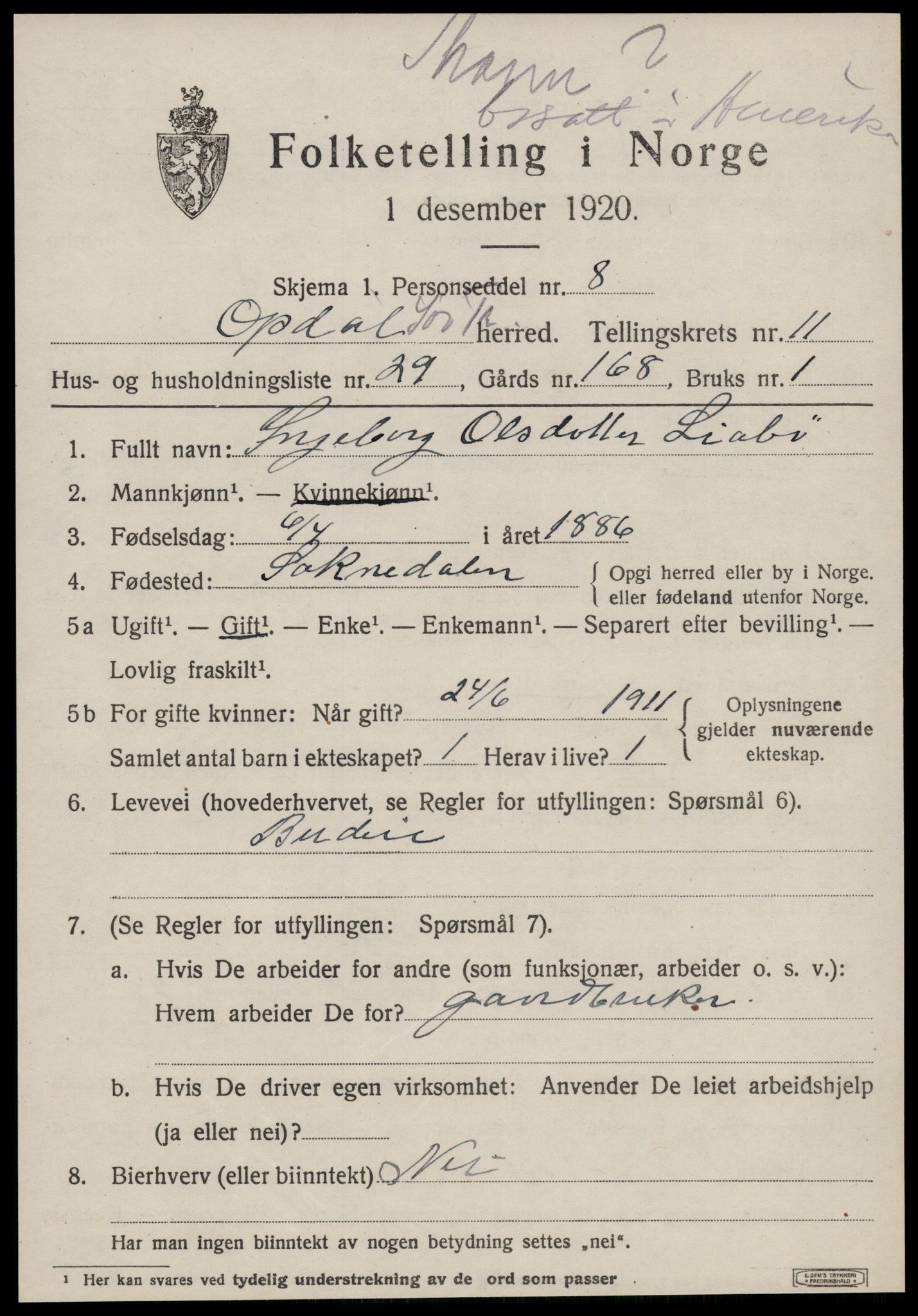 SAT, Folketelling 1920 for 1634 Oppdal herred, 1920, s. 9569