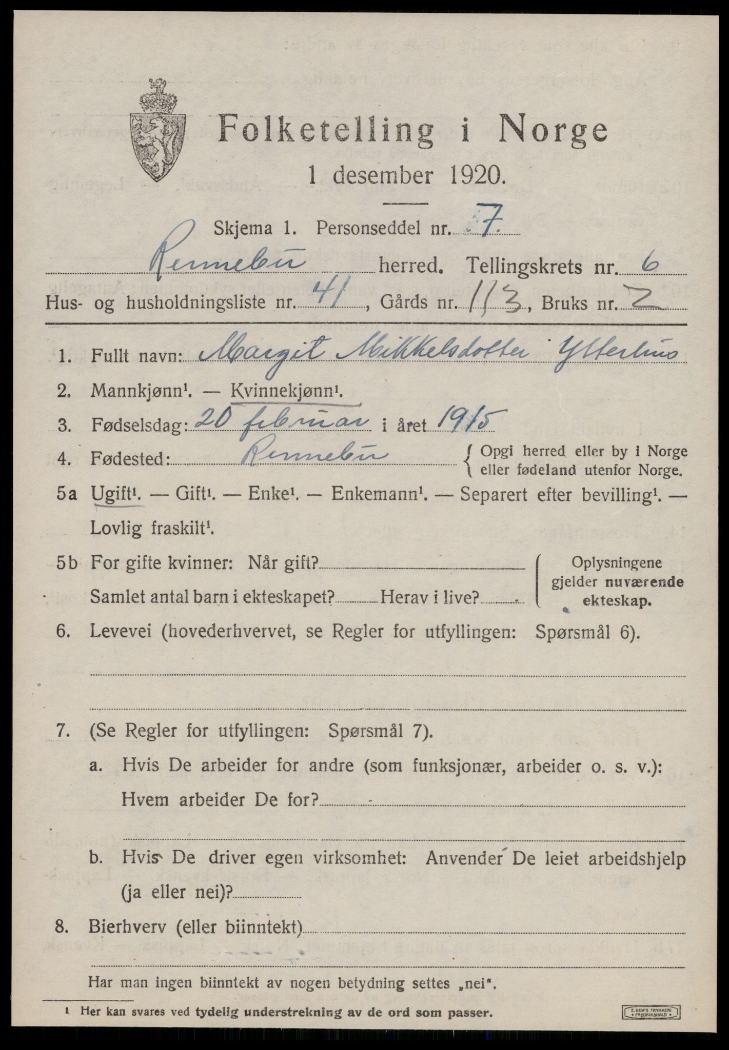 SAT, Folketelling 1920 for 1635 Rennebu herred, 1920, s. 4916