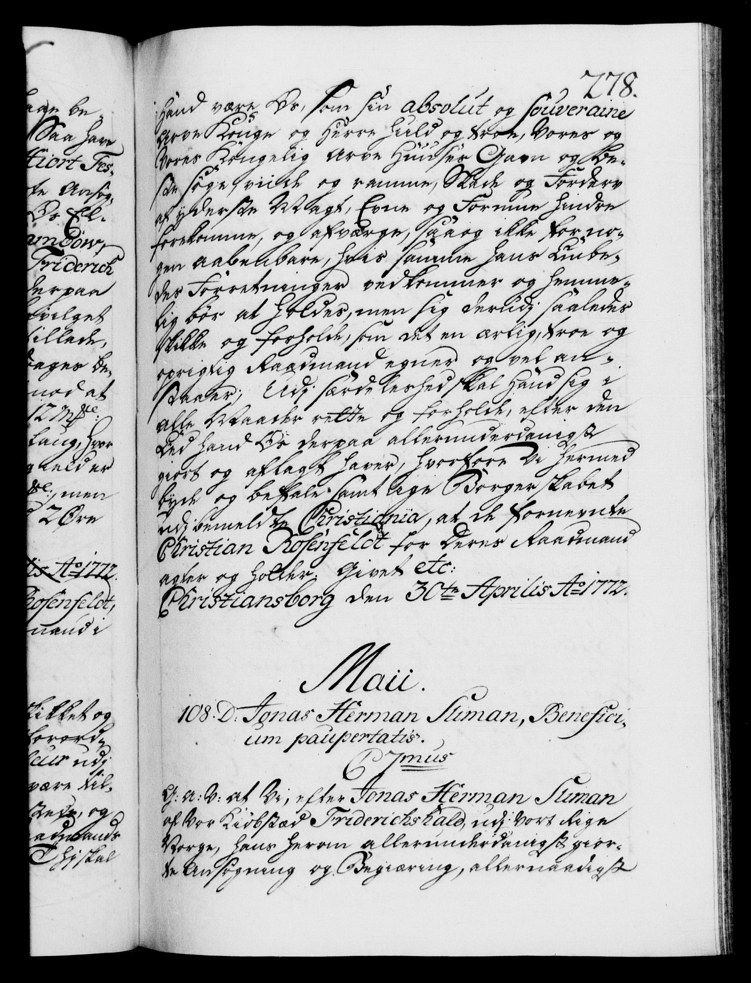 Danske Kanselli 1572-1799, RA/EA-3023/F/Fc/Fca/Fcaa/L0045: Norske registre "Norske eller 3. dept.s åpne brev, 1771-1773, s. 278a