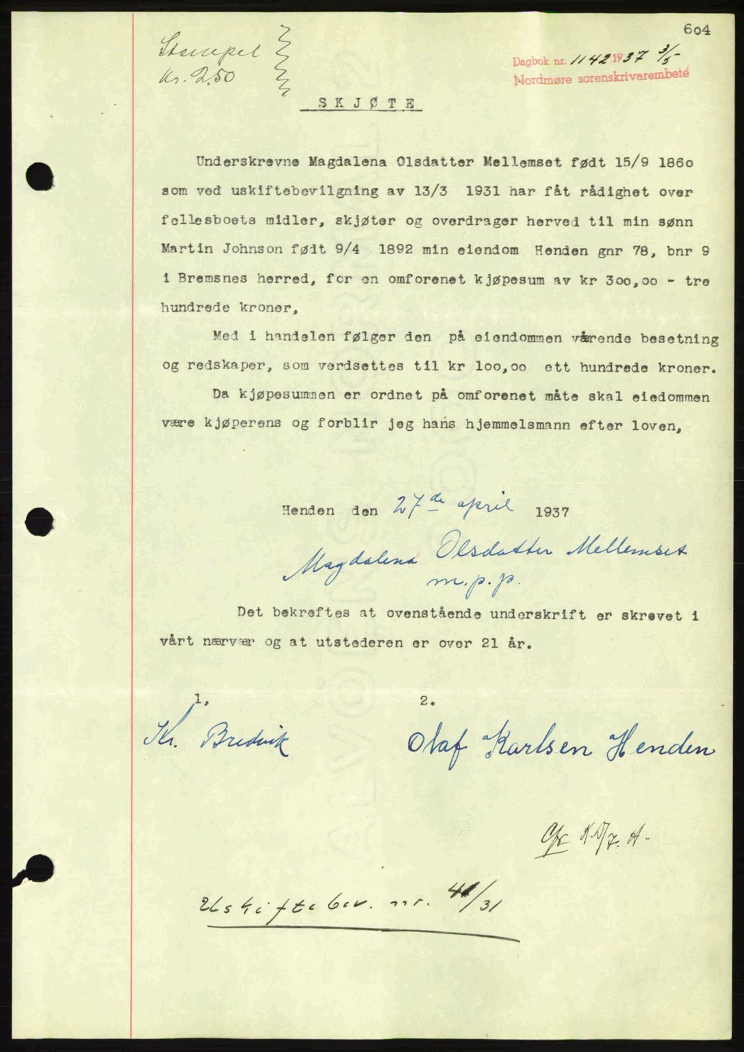 Nordmøre sorenskriveri, SAT/A-4132/1/2/2Ca: Pantebok nr. A81, 1937-1937, Dagboknr: 1142/1937