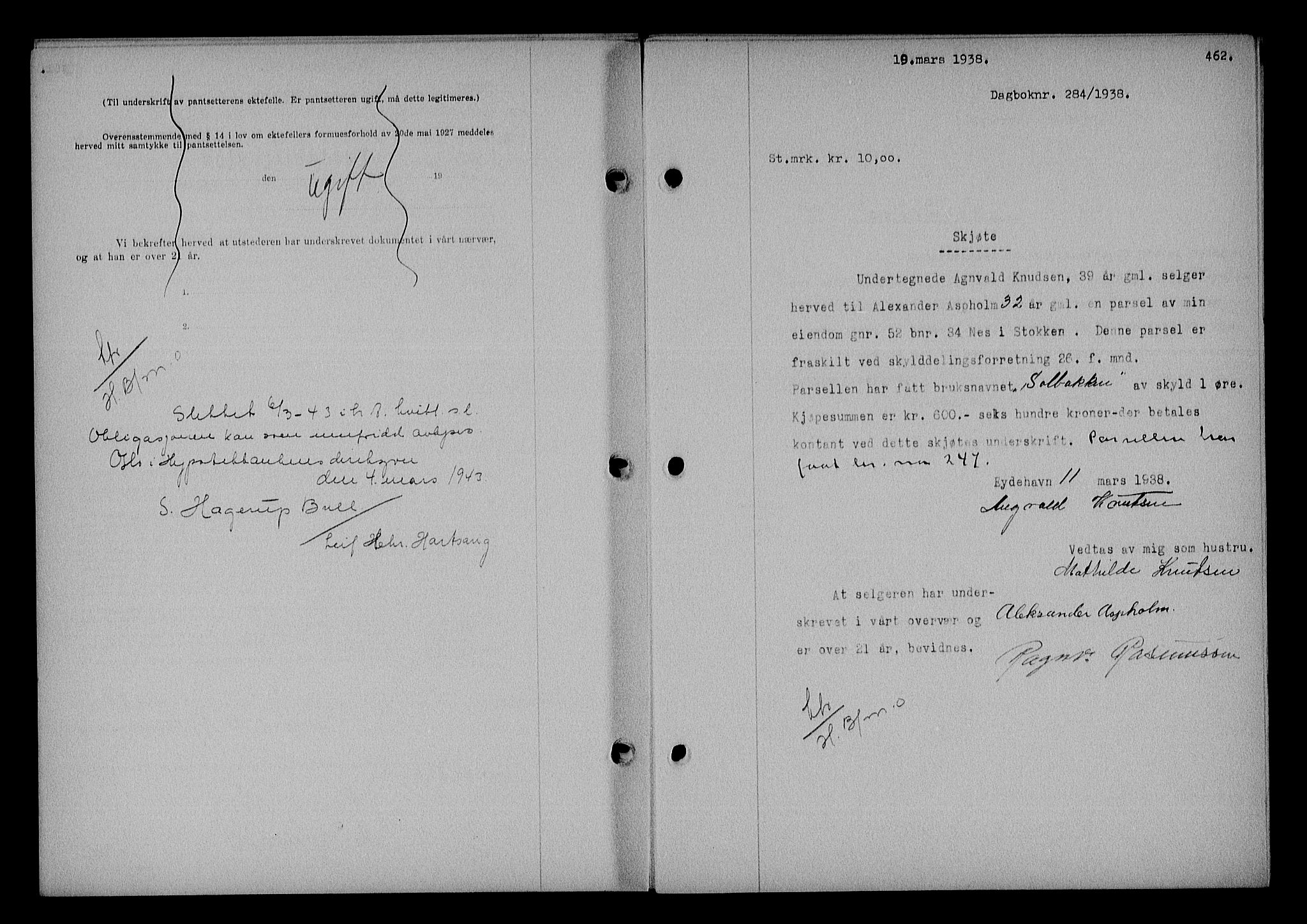 Nedenes sorenskriveri, AV/SAK-1221-0006/G/Gb/Gba/L0044: Pantebok nr. 40, 1937-1938, Dagboknr: 284/1938