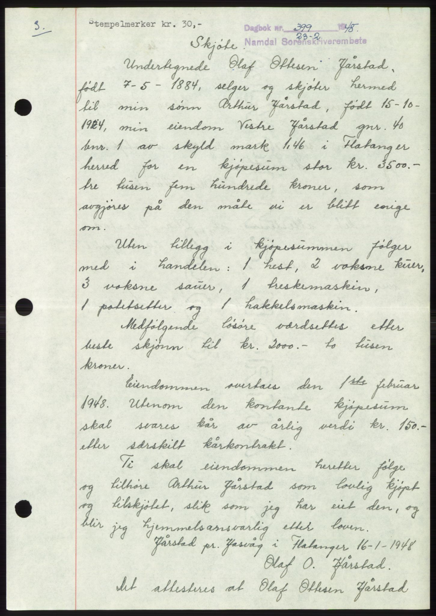 Namdal sorenskriveri, SAT/A-4133/1/2/2C: Pantebok nr. -, 1947-1948, Dagboknr: 399/1948
