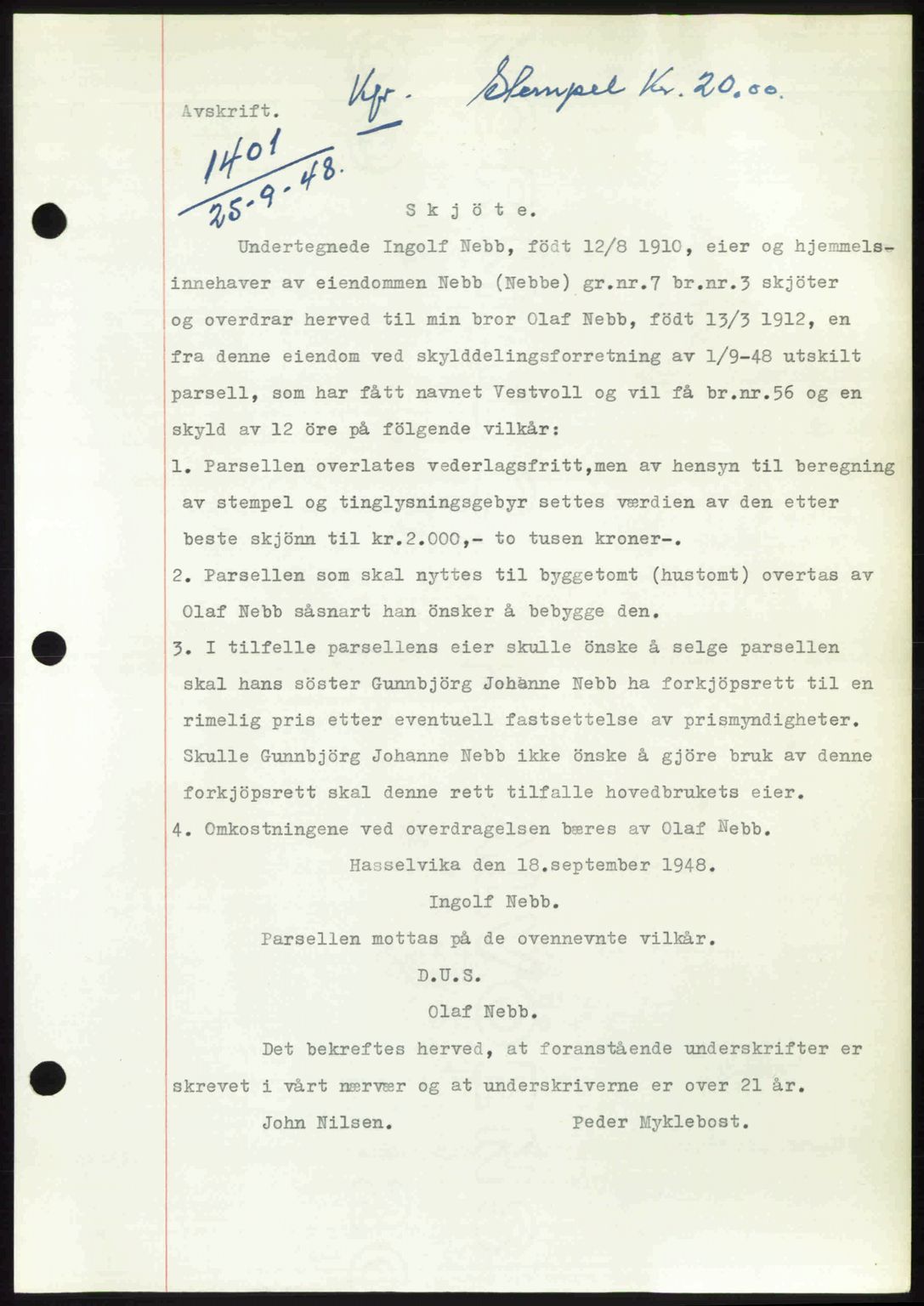 Fosen sorenskriveri, AV/SAT-A-1107/1/2/2C: Pantebok nr. A7-9, 1947-1949, Dagboknr: 1401/1948