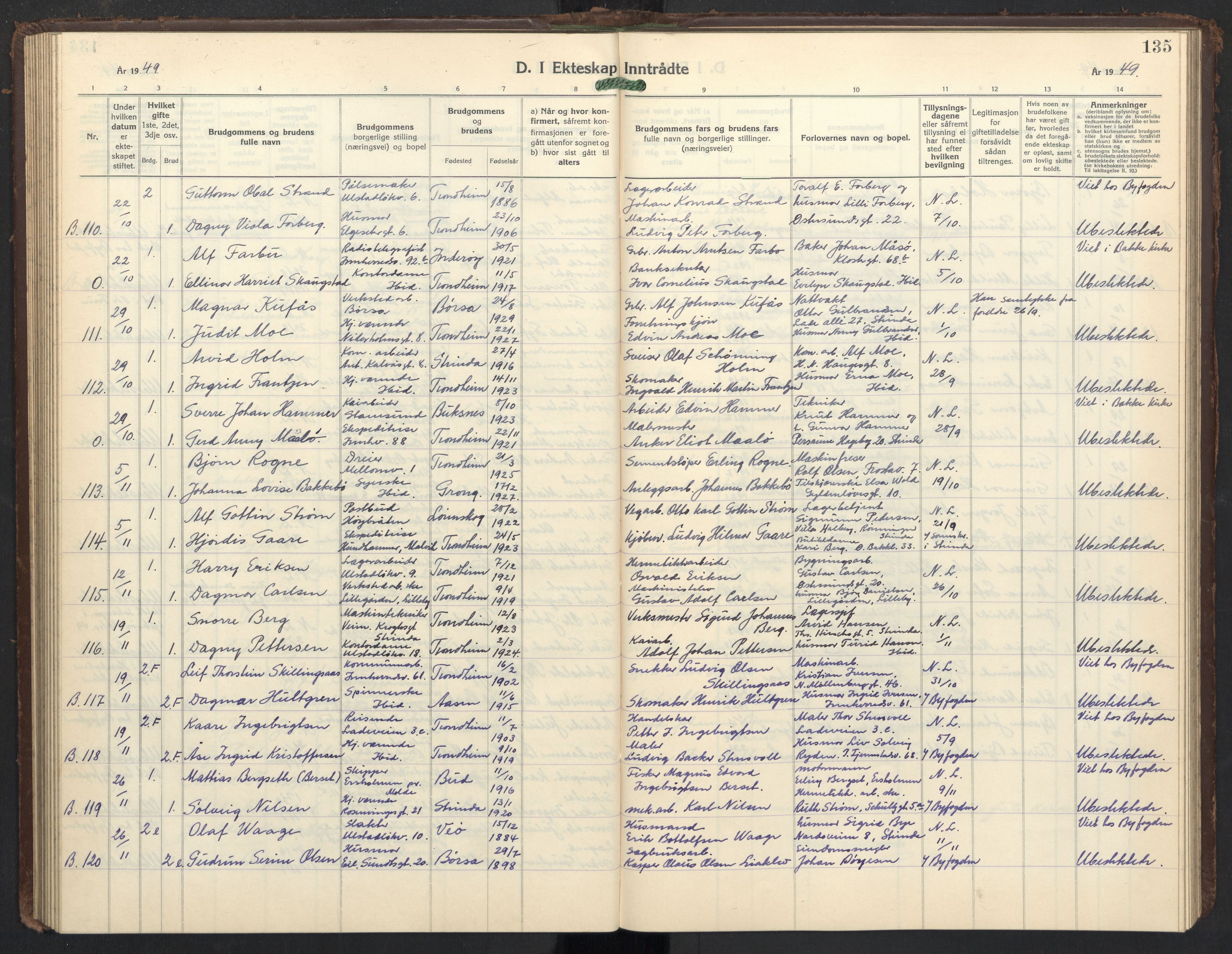 Ministerialprotokoller, klokkerbøker og fødselsregistre - Sør-Trøndelag, AV/SAT-A-1456/605/L0263: Klokkerbok nr. 605C10, 1938-1949, s. 135