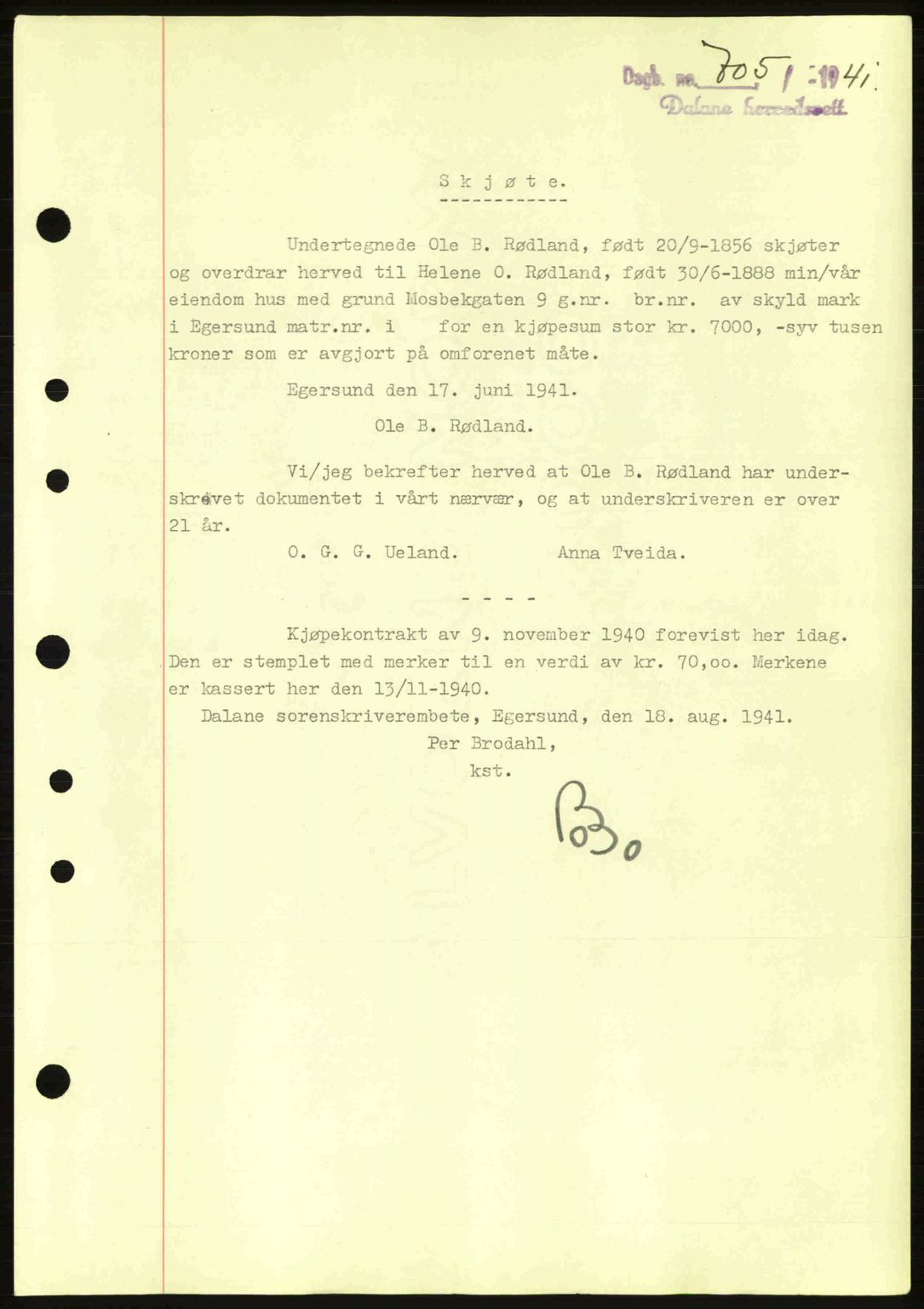 Dalane sorenskriveri, SAST/A-100309/02/G/Gb/L0045: Pantebok nr. A6, 1941-1942, Dagboknr: 705/1941