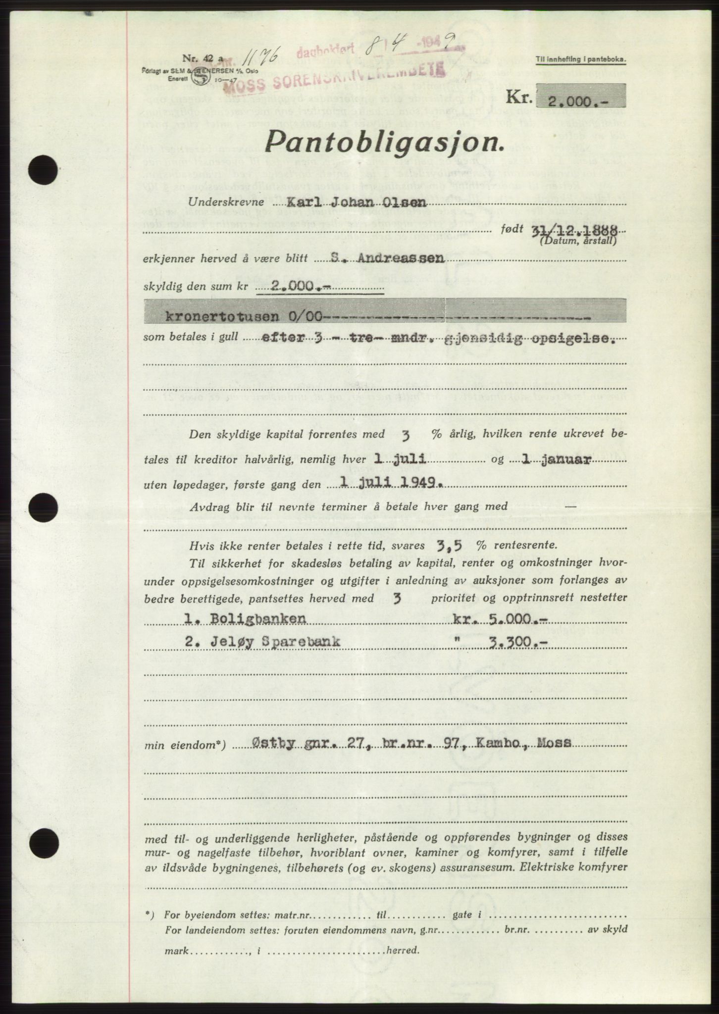 Moss sorenskriveri, SAO/A-10168: Pantebok nr. B21, 1949-1949, Dagboknr: 1176/1949