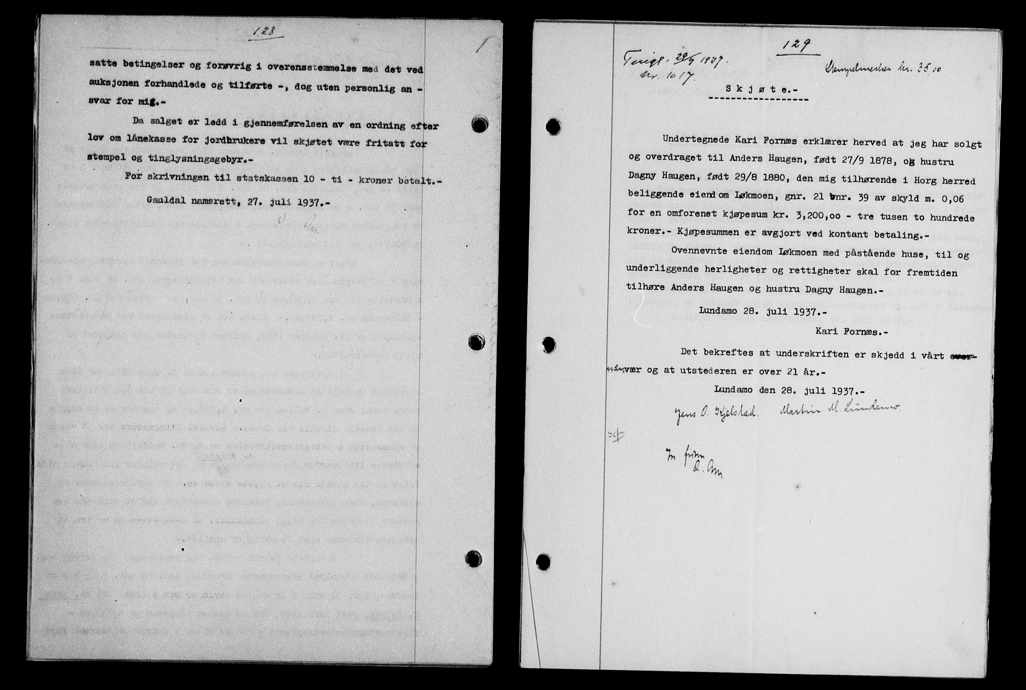 Gauldal sorenskriveri, SAT/A-0014/1/2/2C/L0047: Pantebok nr. 50-51, 1937-1937, Dagboknr: 1017/1937