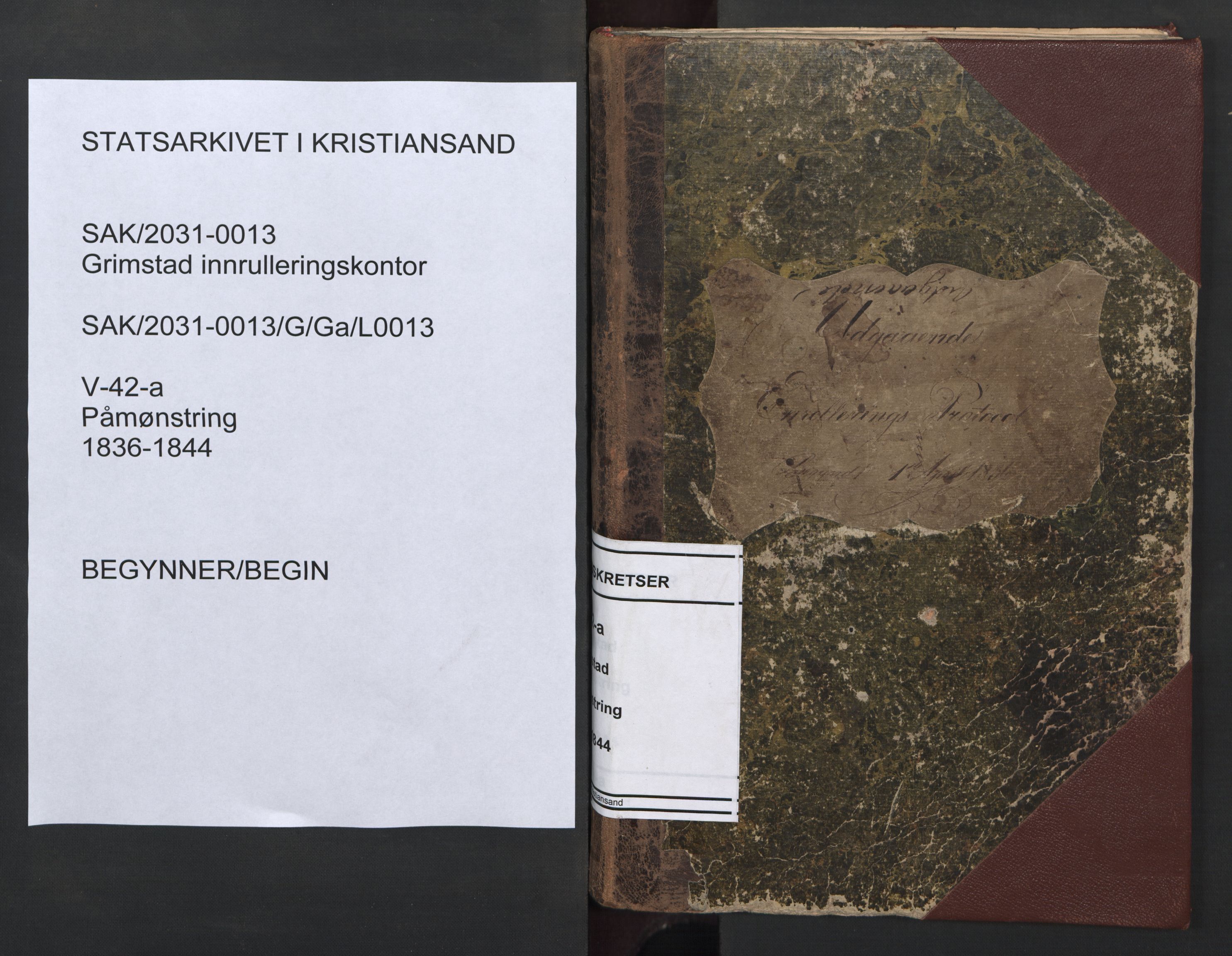 Grimstad mønstringskrets, AV/SAK-2031-0013/G/Ga/L0013: Påmønstring, V-42-a, 1836-1844, s. 1