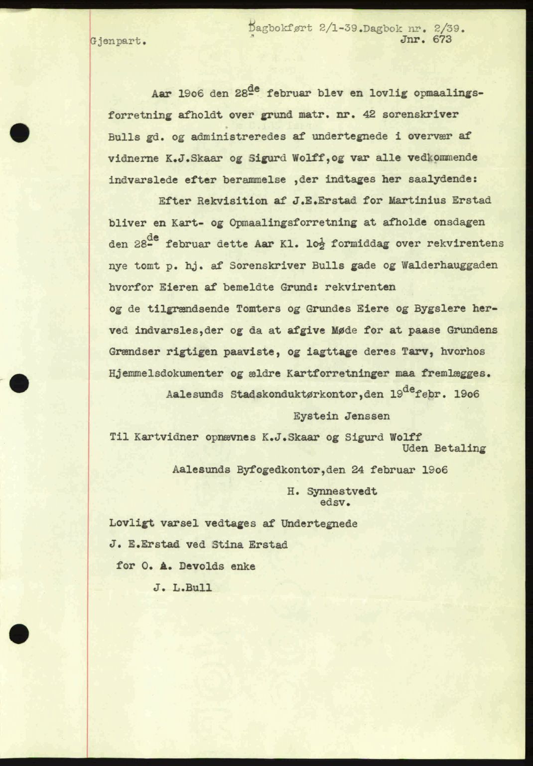 Ålesund byfogd, AV/SAT-A-4384: Pantebok nr. 34 II, 1938-1940, Dagboknr: 2/1939