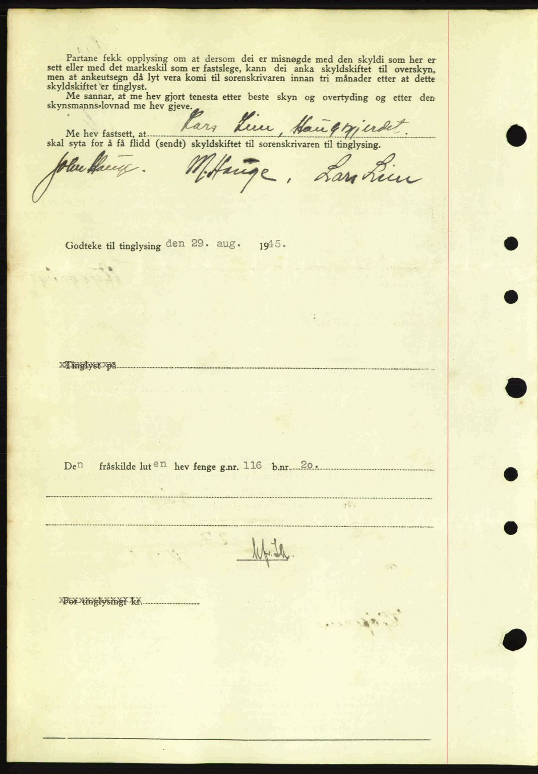 Sunnhordland sorenskrivar, AV/SAB-A-2401: Pantebok nr. A77, 1945-1945, Dagboknr: 1004/1945