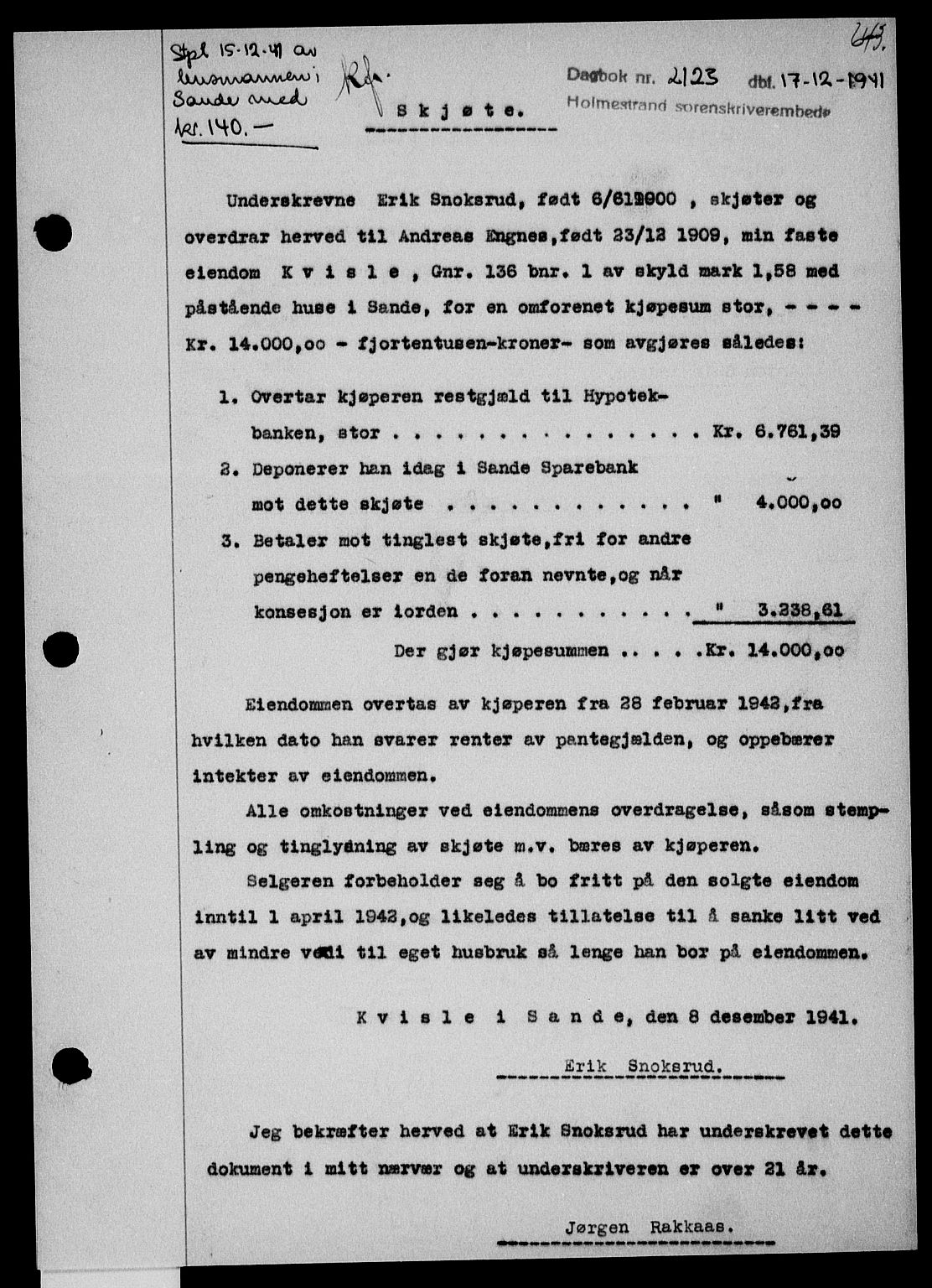 Holmestrand sorenskriveri, SAKO/A-67/G/Ga/Gaa/L0054: Pantebok nr. A-54, 1941-1942, Dagboknr: 2123/1941