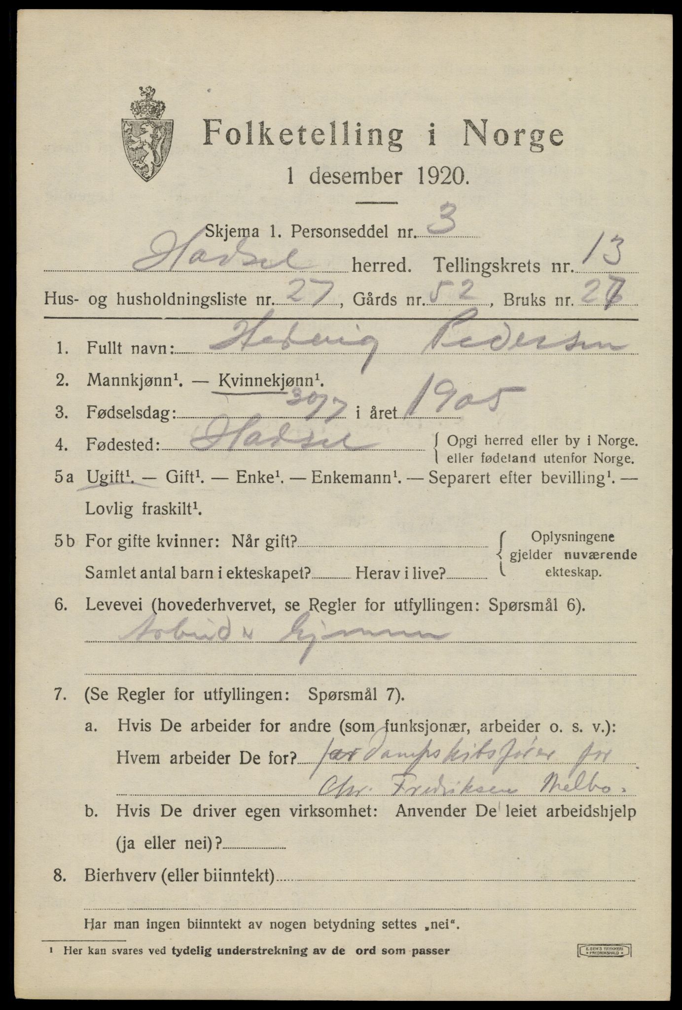 SAT, Folketelling 1920 for 1866 Hadsel herred, 1920, s. 10248