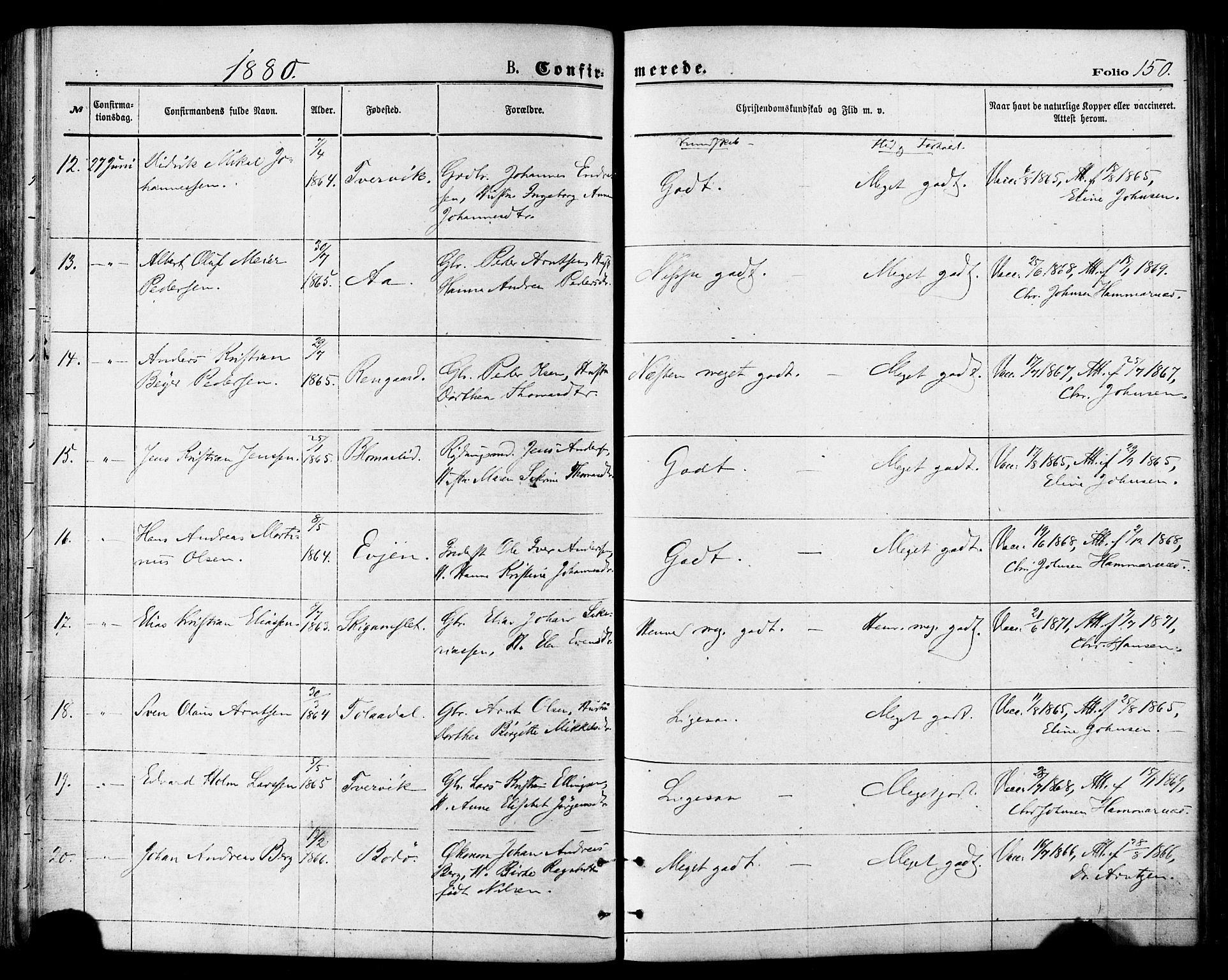 Ministerialprotokoller, klokkerbøker og fødselsregistre - Nordland, AV/SAT-A-1459/846/L0645: Ministerialbok nr. 846A03, 1872-1886, s. 150