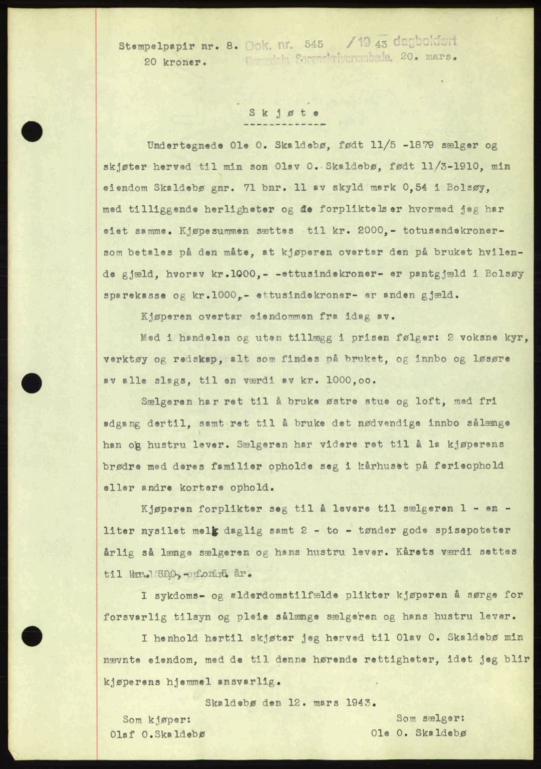 Romsdal sorenskriveri, AV/SAT-A-4149/1/2/2C: Pantebok nr. A14, 1943-1943, Dagboknr: 545/1943