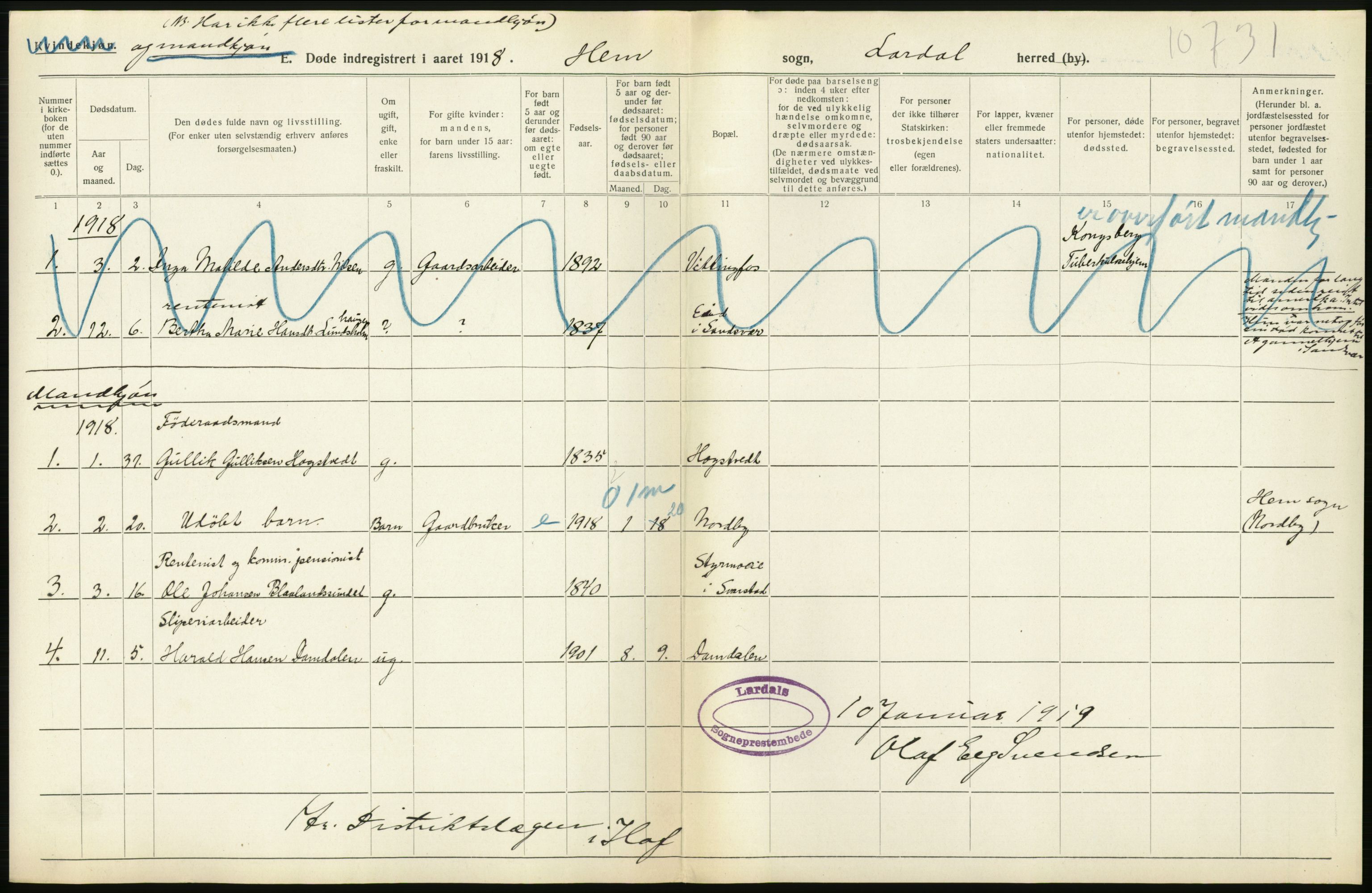 Statistisk sentralbyrå, Sosiodemografiske emner, Befolkning, AV/RA-S-2228/D/Df/Dfb/Dfbh/L0023: Vestfold fylke: Døde. Bygder og byer., 1918, s. 178