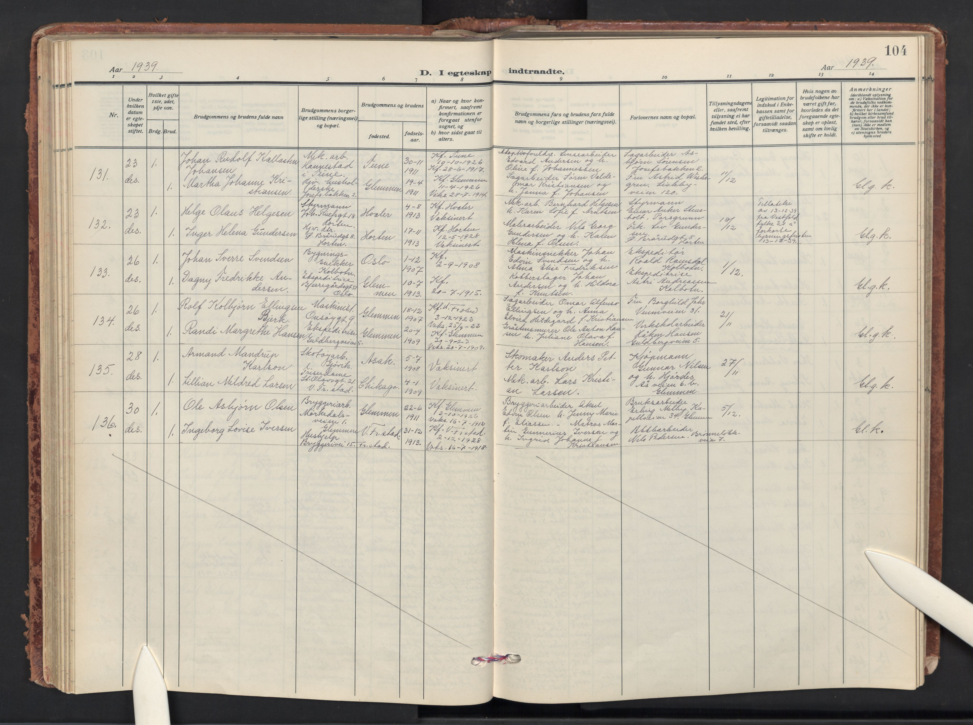 Glemmen prestekontor Kirkebøker, AV/SAO-A-10908/G/Ga/L0010: Klokkerbok nr. 10, 1928-1951, s. 104
