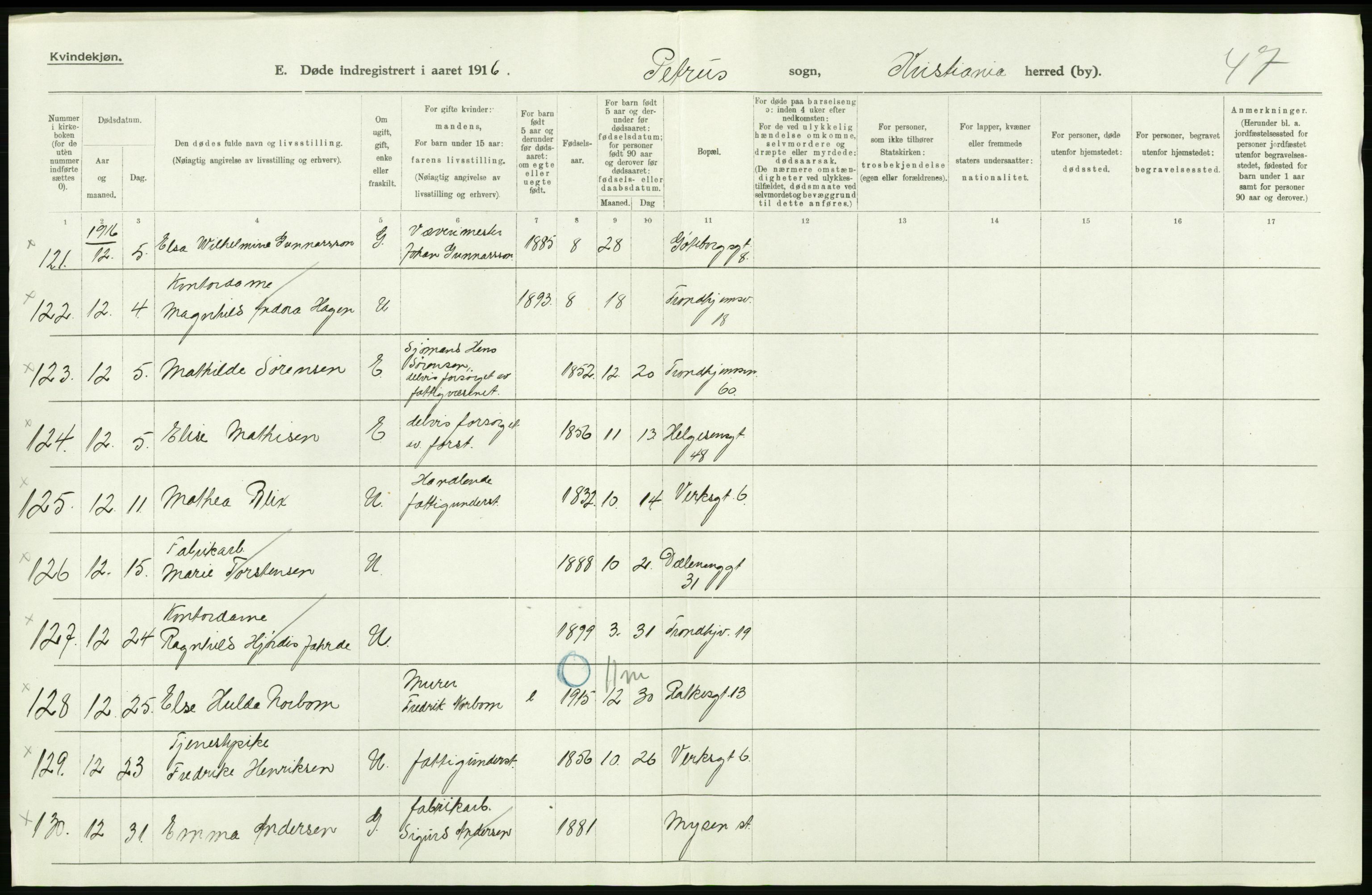 Statistisk sentralbyrå, Sosiodemografiske emner, Befolkning, RA/S-2228/D/Df/Dfb/Dfbf/L0009: Kristiania: Døde., 1916, s. 150