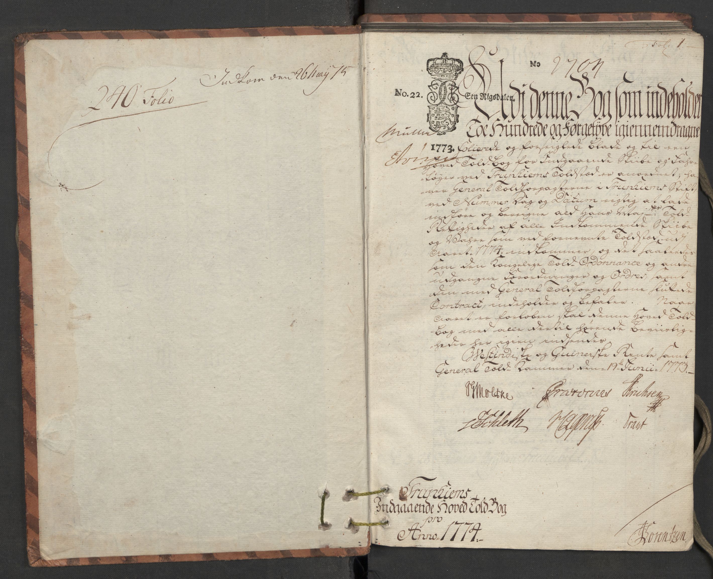 Generaltollkammeret, tollregnskaper, AV/RA-EA-5490/R33/L0122/0001: Tollregnskaper Trondheim A / Inngående hovedtollbok, 1774