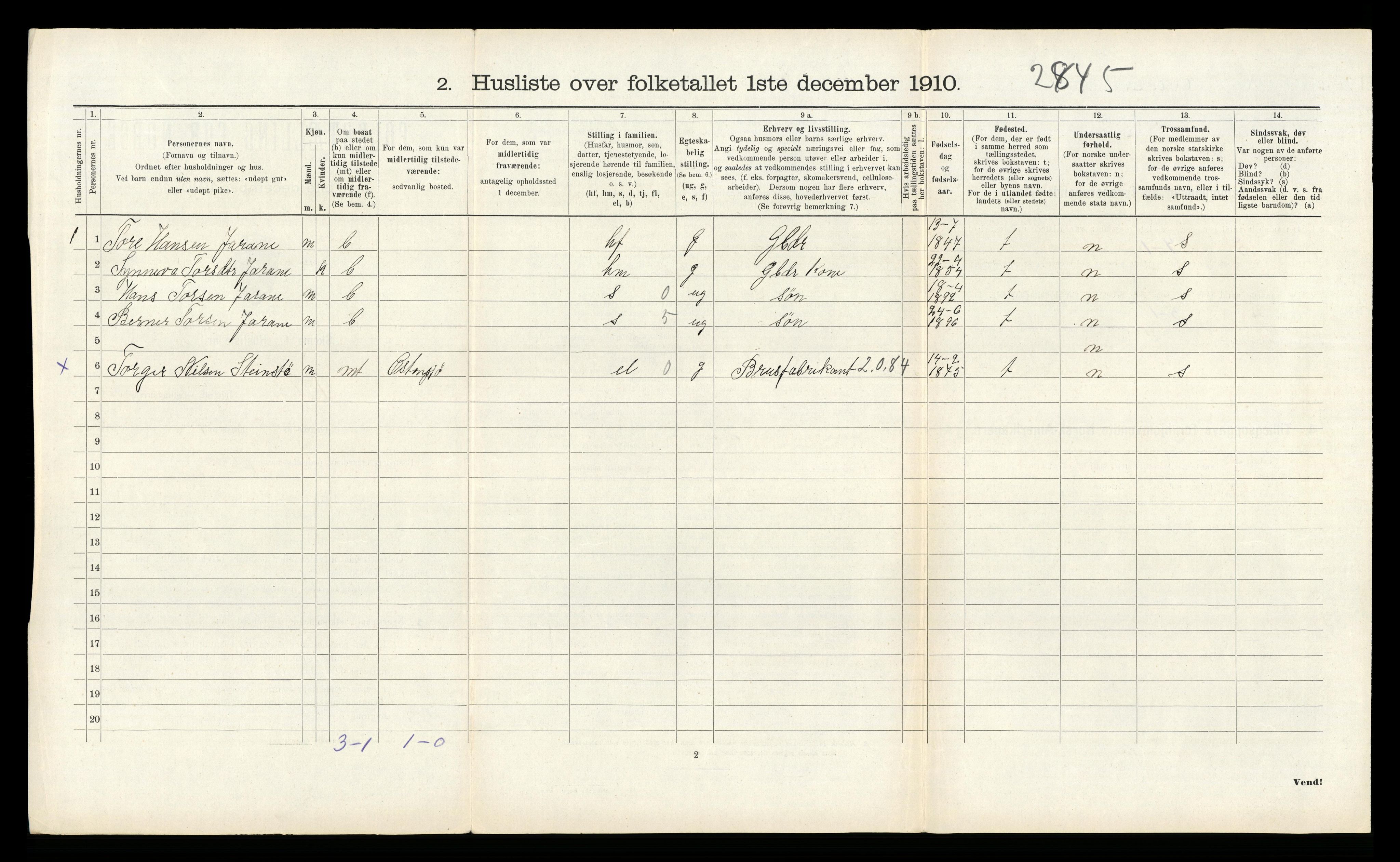 RA, Folketelling 1910 for 1238 Kvam herred, 1910, s. 1082