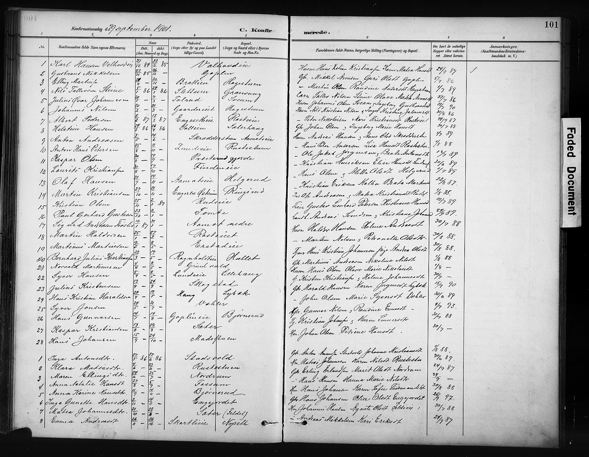 Nordre Land prestekontor, SAH/PREST-124/H/Ha/Hab/L0012: Klokkerbok nr. 12, 1891-1909, s. 101